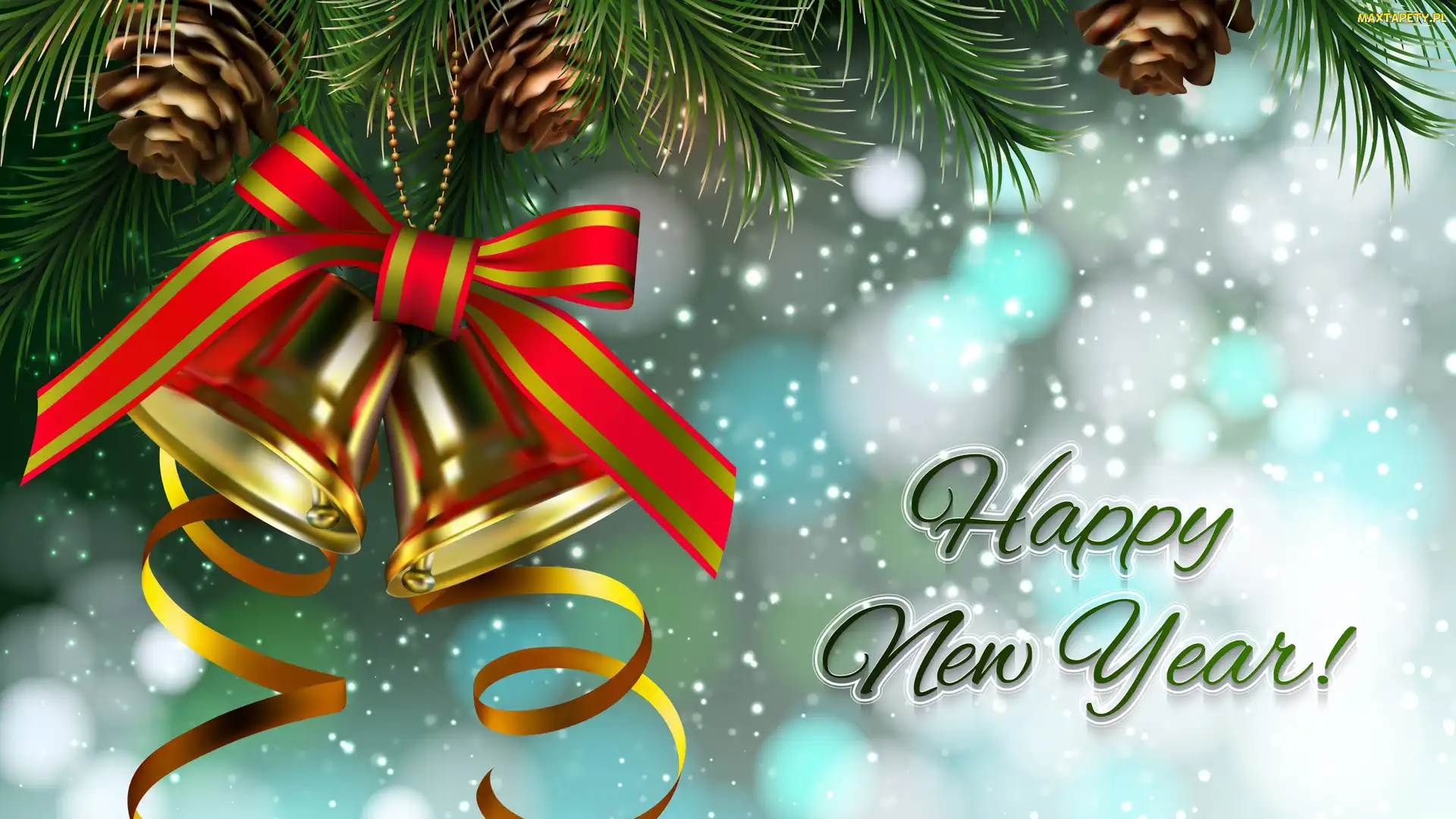 Gałązki, Szyszki, Kokardka, Dzwoneczki, Życzenia, Napis, Nowy Rok, Happy New Year, Świerk