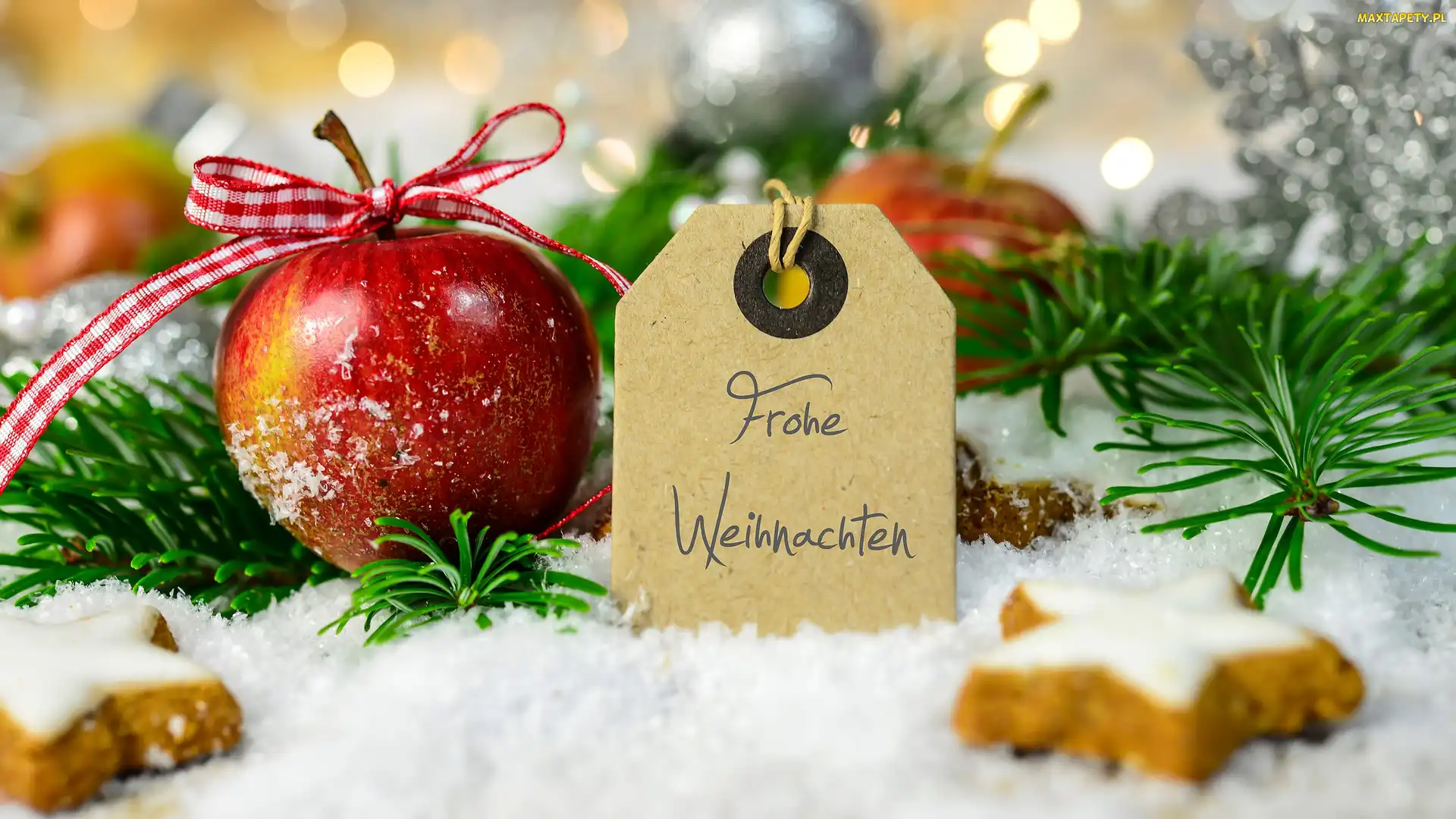 Kompozycja, Frohe Weihnachten, Zawieszka, Wesołych Świąt, Napis, Gałązki, Świąteczna, Boże Narodzenie, Jabłko