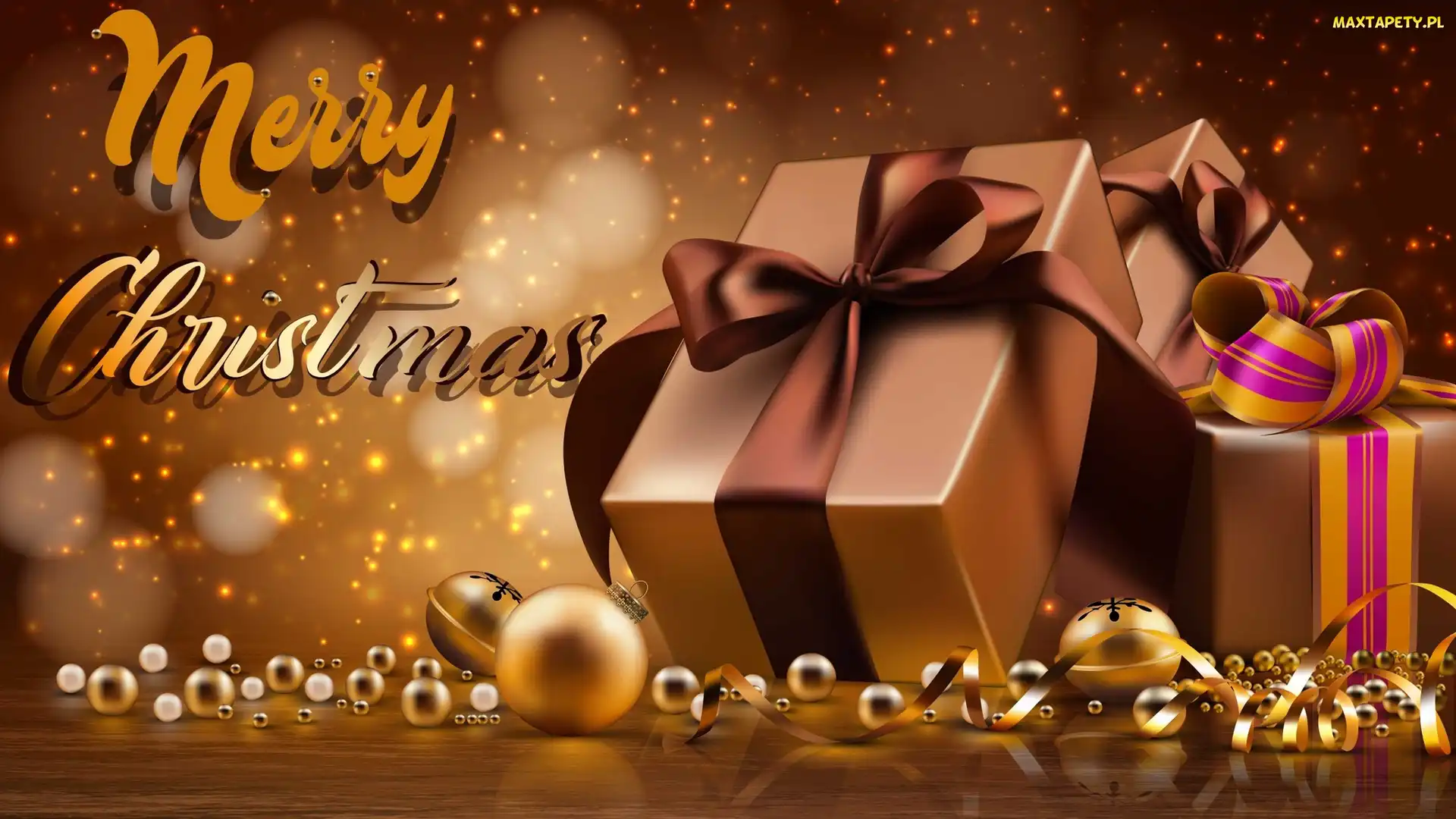 Wstążki, Merry Christmas, Prezenty, 2D, Napis, Boże Narodzenie, Bombki