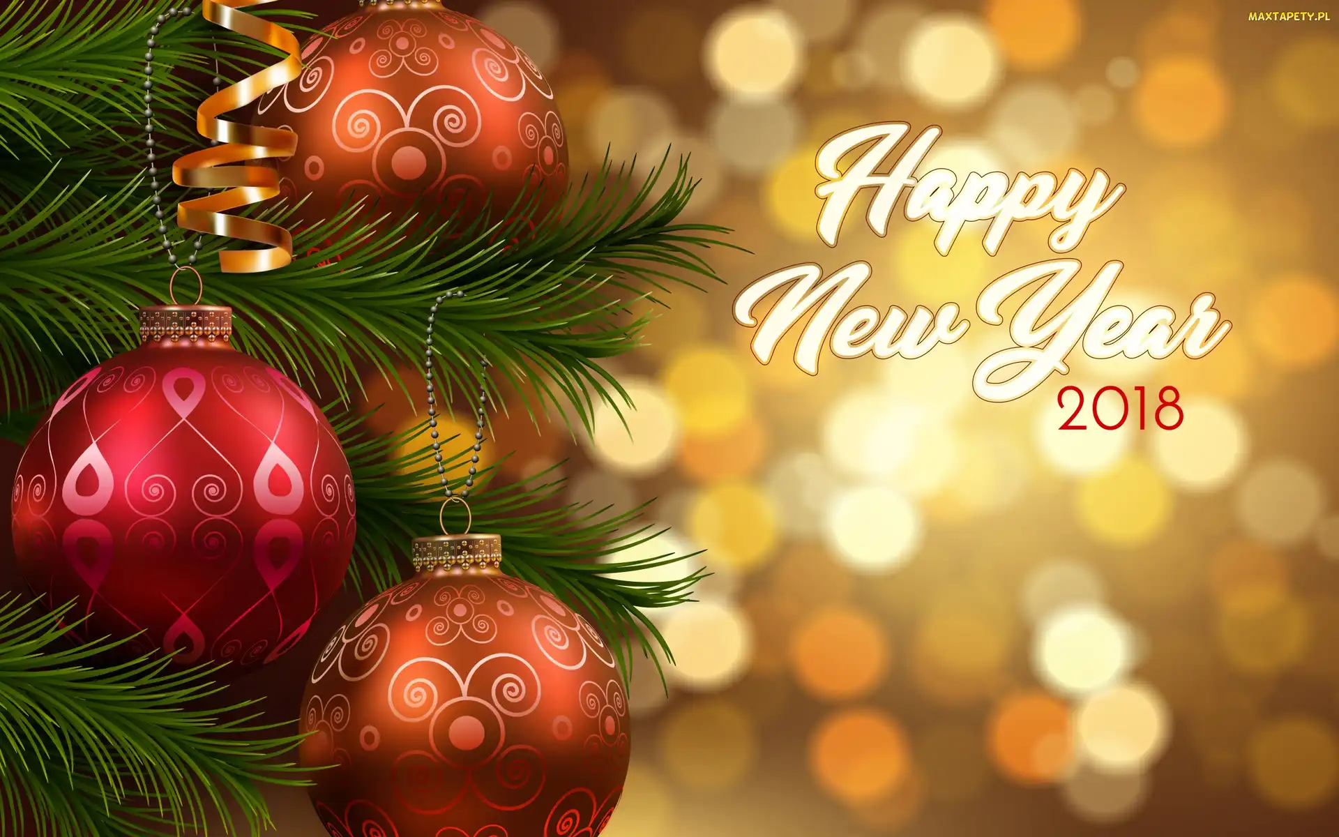Świąteczna, Napis, Dekoracja, Gałązki, Życzenia, Bombki, Noworoczne, Happy New Year 2018