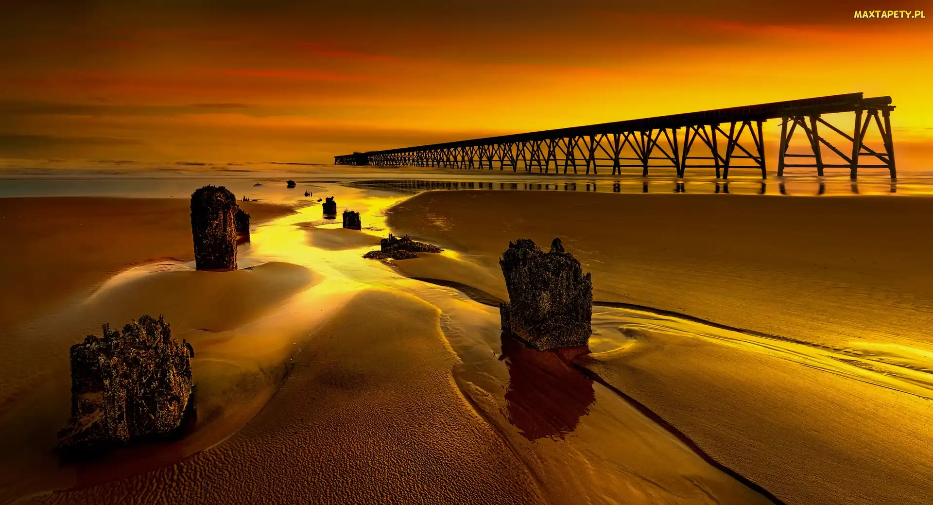 Zachód słońca, Morze Północne, Hrabstwo Durham, Anglia, Miasto Hartlepool, Molo Steetley Pier