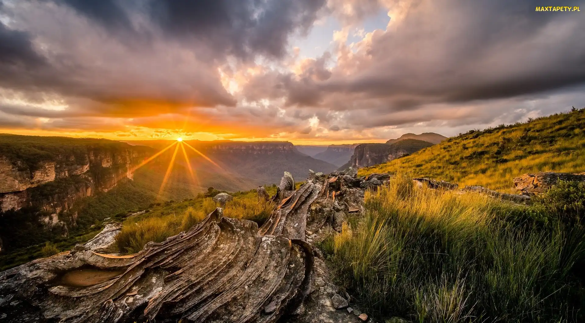 Nowa Południowa Walia, Skały, Zachód Słońca, Góry Blue Mountains, Australia