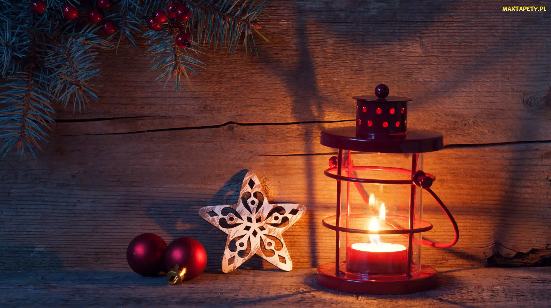 Deski, Bombki, Gwiazdka, Gałązki, Boże Narodzenie, Świąteczna, Lampion, Świeca, Kompozycja, Drewniana