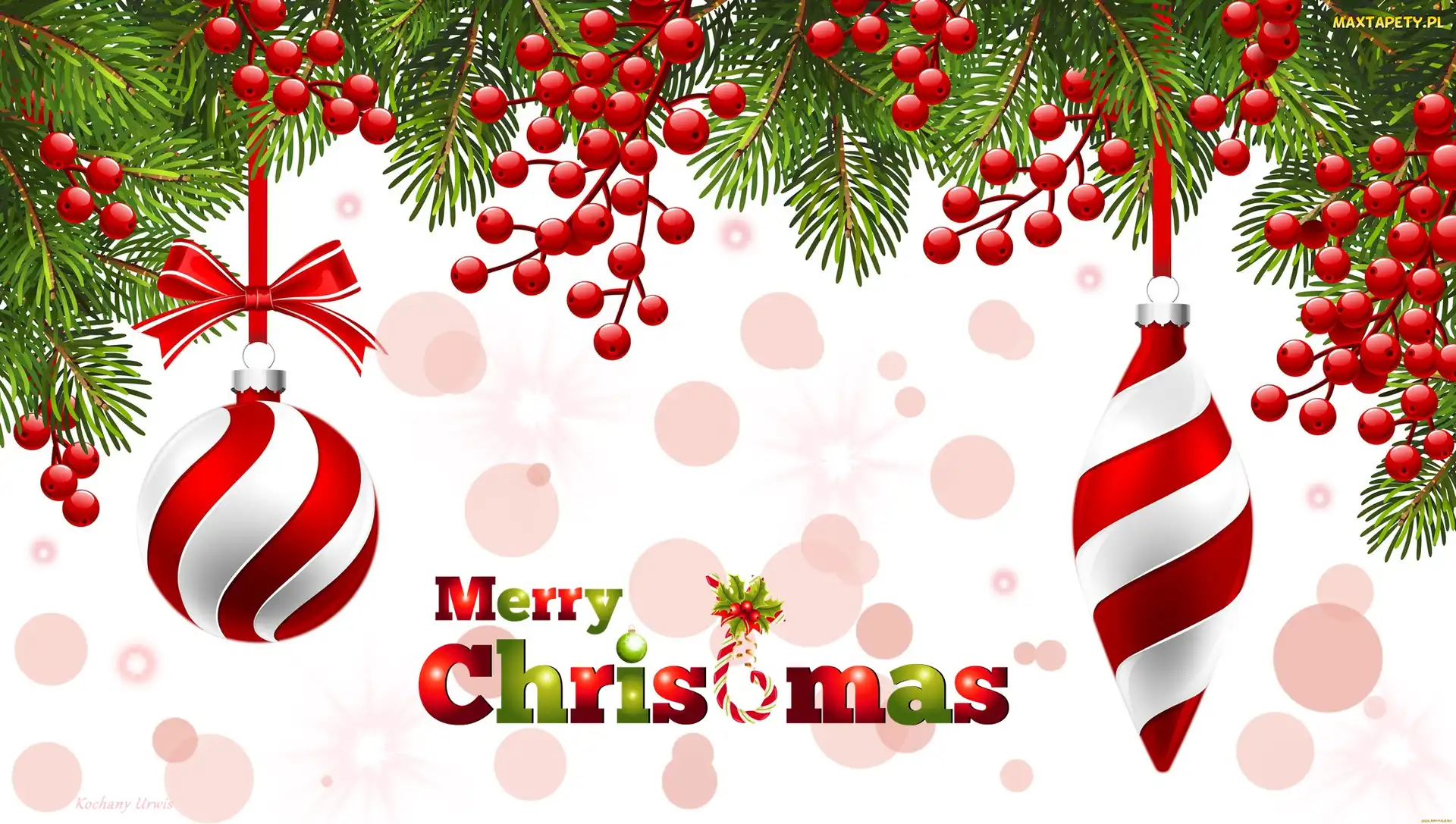 Merry Christmas, Napis, Gałązki, Boże Narodzenie, Biało-czerwone, Bombki