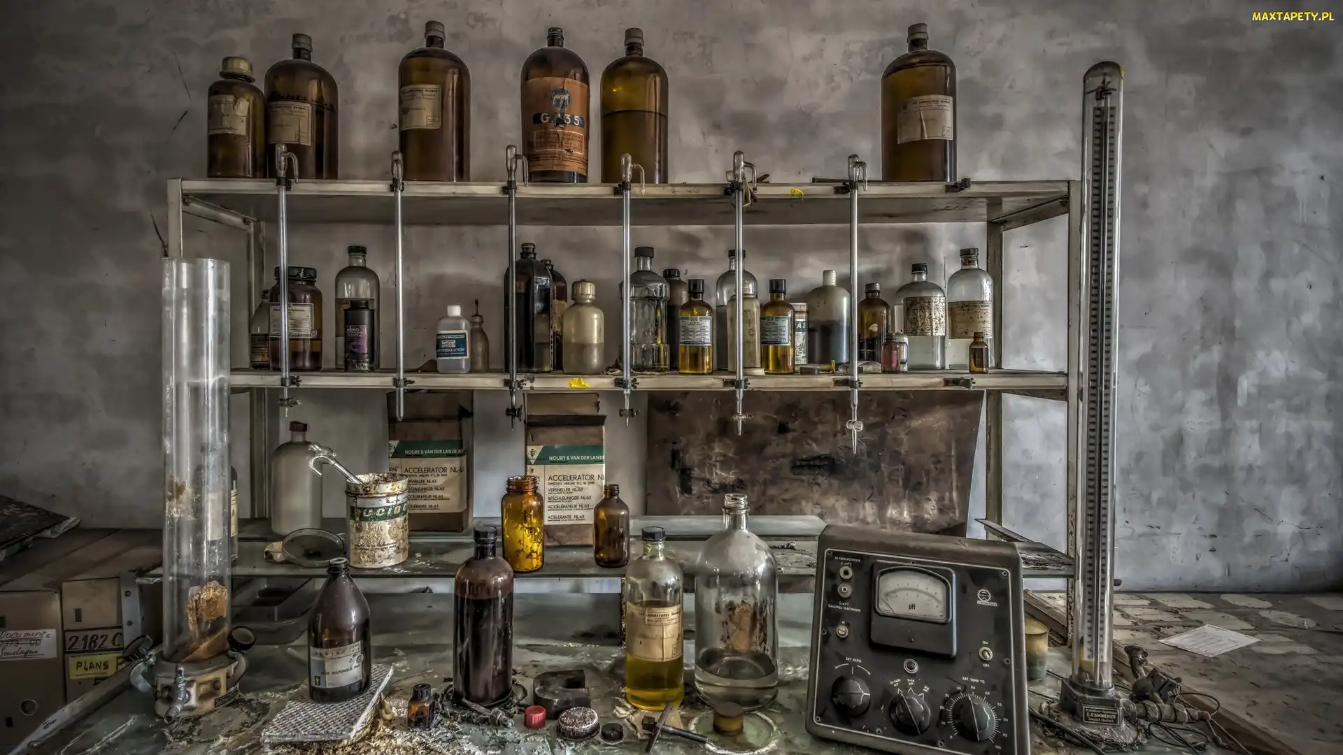 Butelki, Regał, Stare, Laboratorium, Zaniedbane, Pomieszczenie