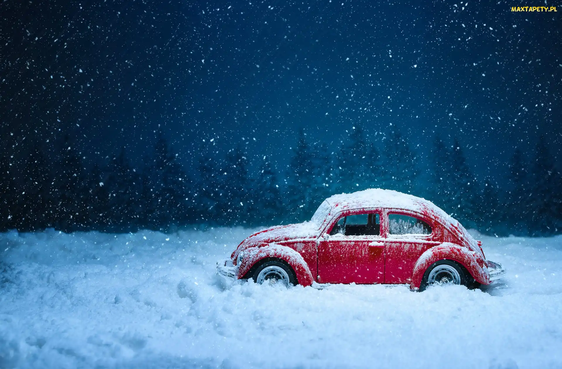 Model Volkswagen Beetle, Zabawka, Śnieg, Zima, Czerwone, Autko