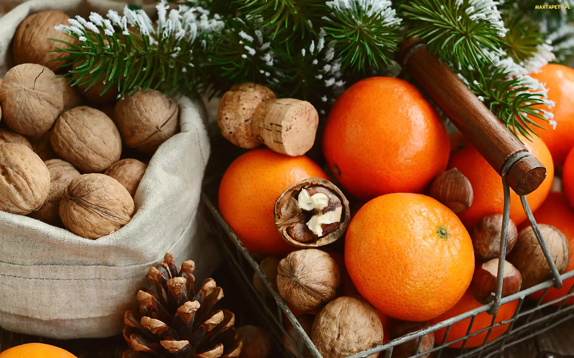 Pomarańcze, Worek, Koszyk, Gałązki, Orzechy włoskie