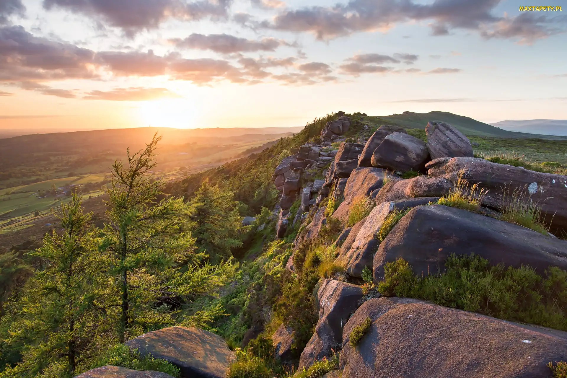 Skały, Wzgórze, Hrabstwo Staffordshire, Wschód słońca, Grzbiet górski The Roaches, Anglia, Park Narodowy Peak District