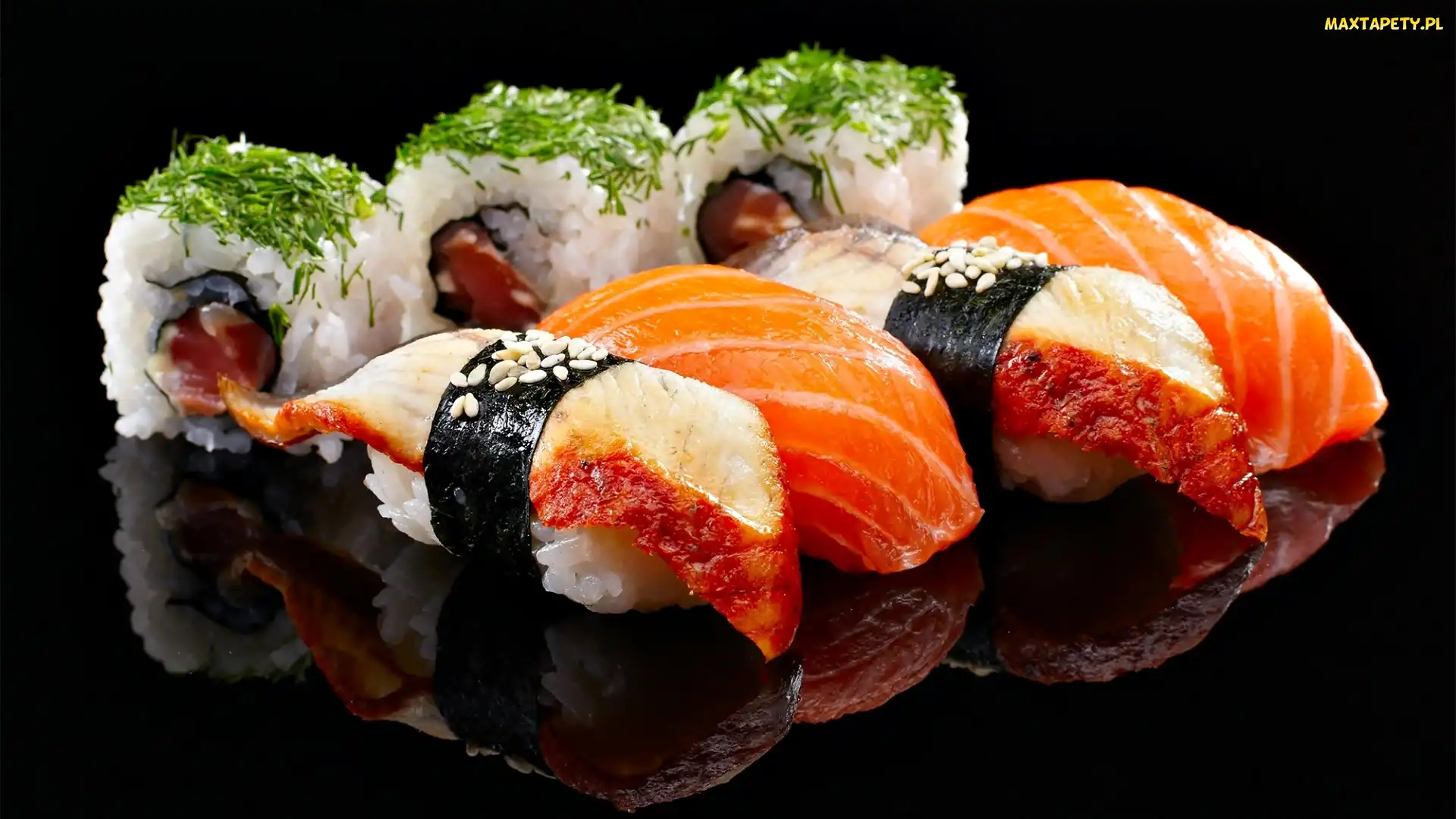 Ciemne tło, Odbicie, Sushi, Łosoś