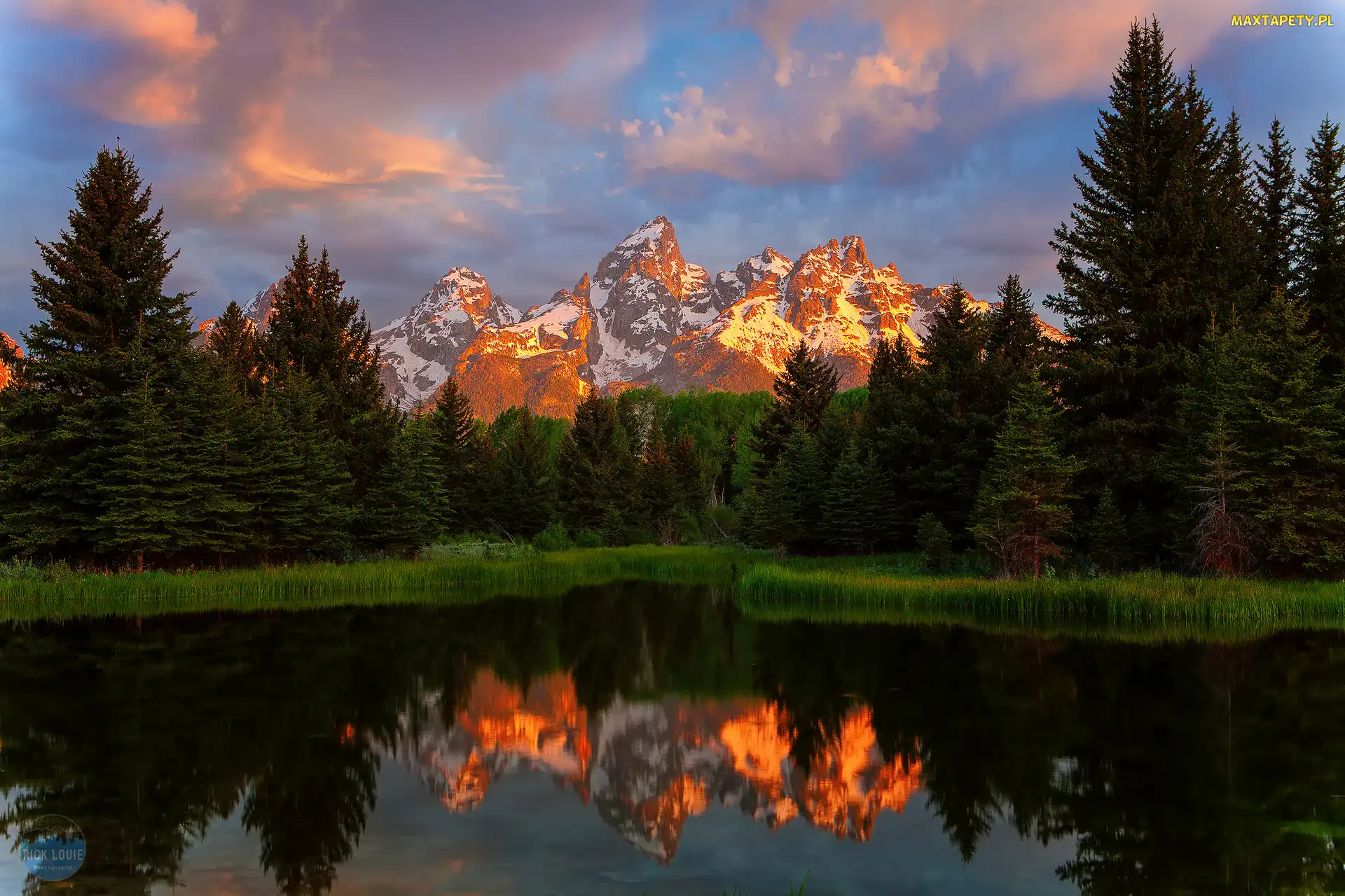 Stan Wyoming, Góry Teton Range, Stany Zjednoczone, Rzeka Snake River, Drzewa, Park Narodowy Grand Teton, Zachód słońca, Odbicie
