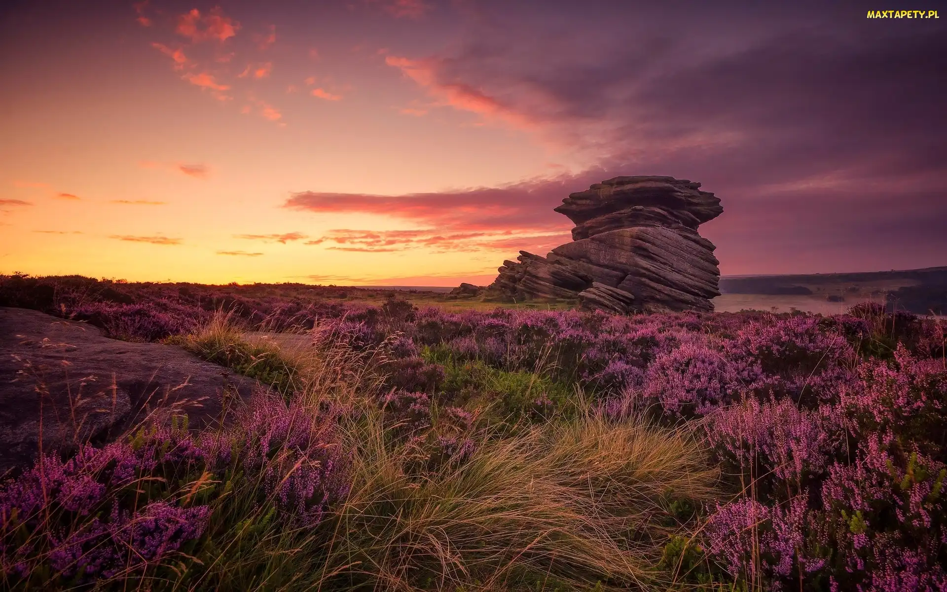 Anglia, Skały, Kamienie, Zachód słońca, Wrzosowisko, Wzgórza, Hrabstwo Derbyshire, Park Narodowy Peak District, Formacja skalna Salt Cellar