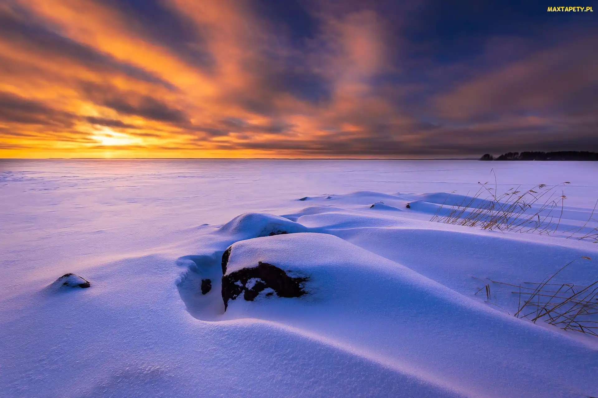Północna Karelia, Zima, Finlandia, Jezioro, Kamienie, Joensuu, Zachód słońca, Śnieg