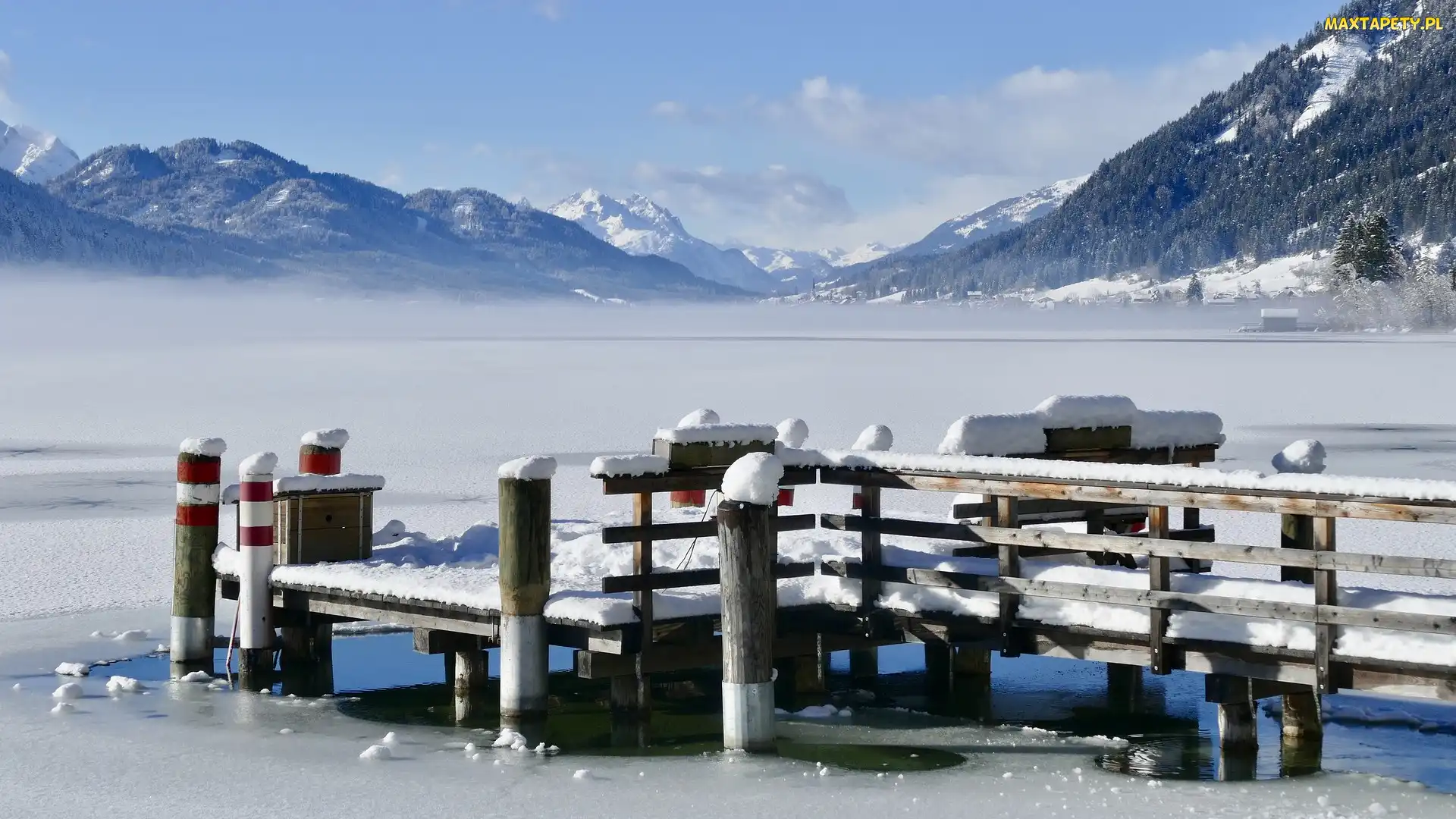 Pomost, Zima, Karyntia, Góry, Jezioro Weißensee, Austria, Alpy Gailtalskie