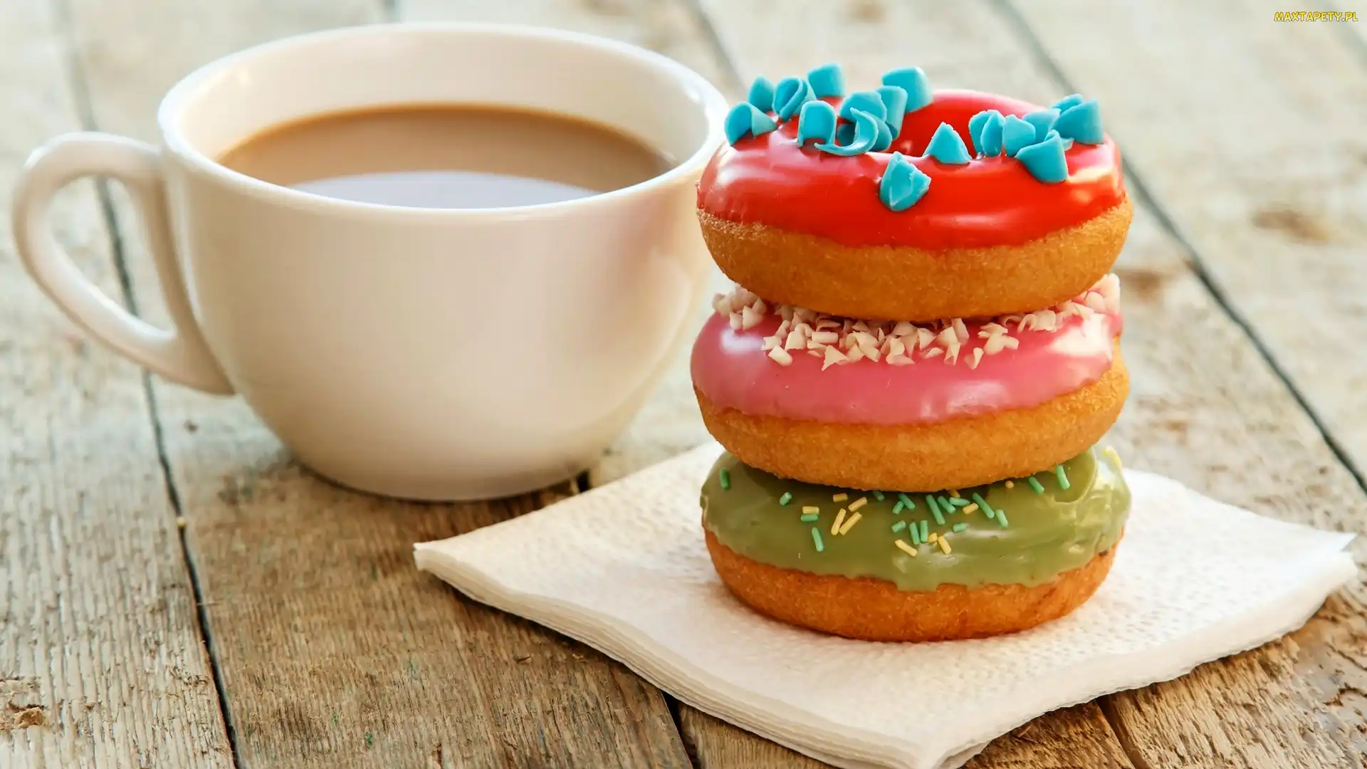 Kawa, Biała, Donuty, Lukrowane, Pączki, Filiżanka