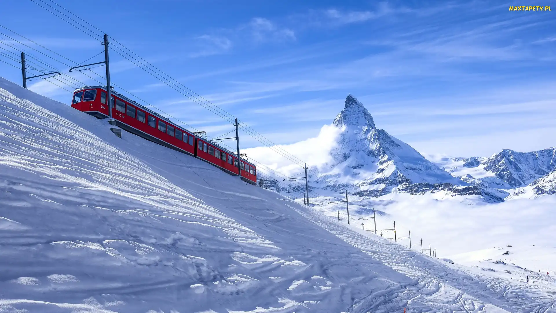 Góry Alpy Pennińskie, Zima, Pociąg elektryczny, Szczyt Matterhorn, Szwajcaria