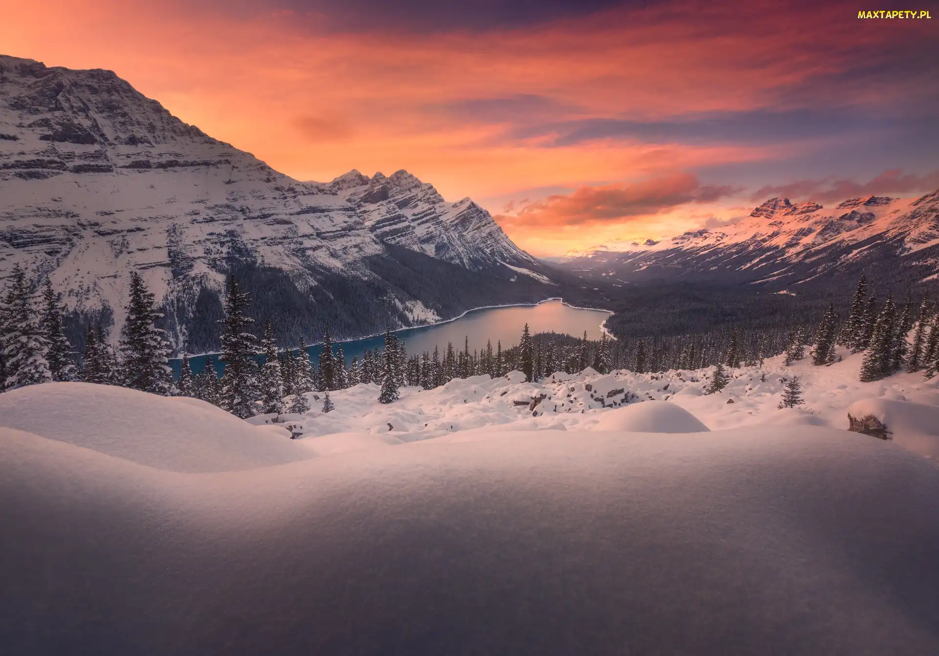 Kanada, Alberta, Zachód Słońca, Góry Canadian Rockies, Jezioro Peyto Lake, Park Narodowy Banff