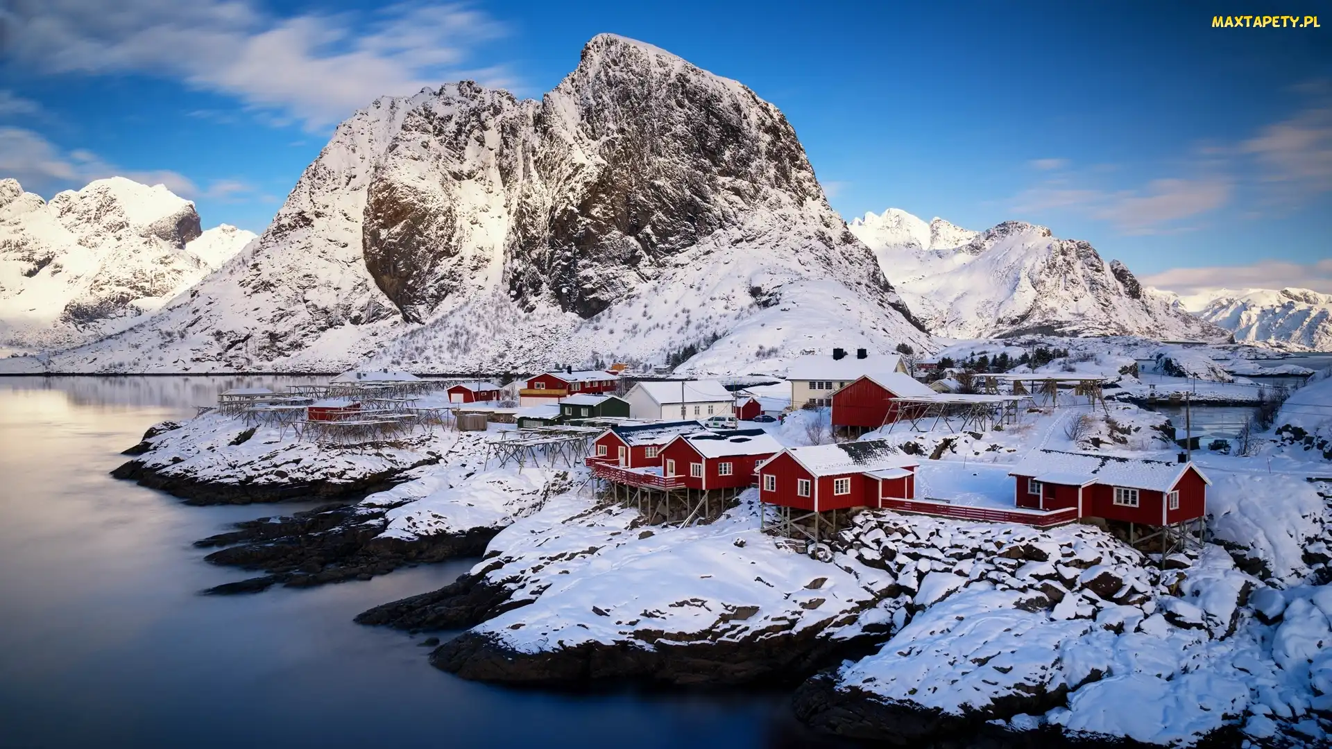 Lofoty, Norwegia, Góry, Wieś Reine, Morze Norweskie Zima, Domy, Wyspa Moskenesøya