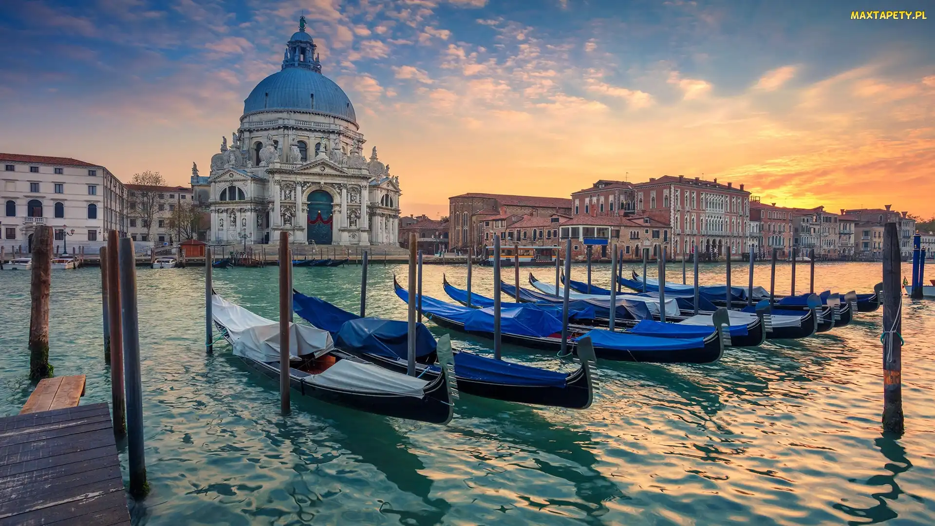 Wschód słońca, Łodzie, Wenecja, Włochy, Canal Grande, Bazylika Santa Maria della Salute