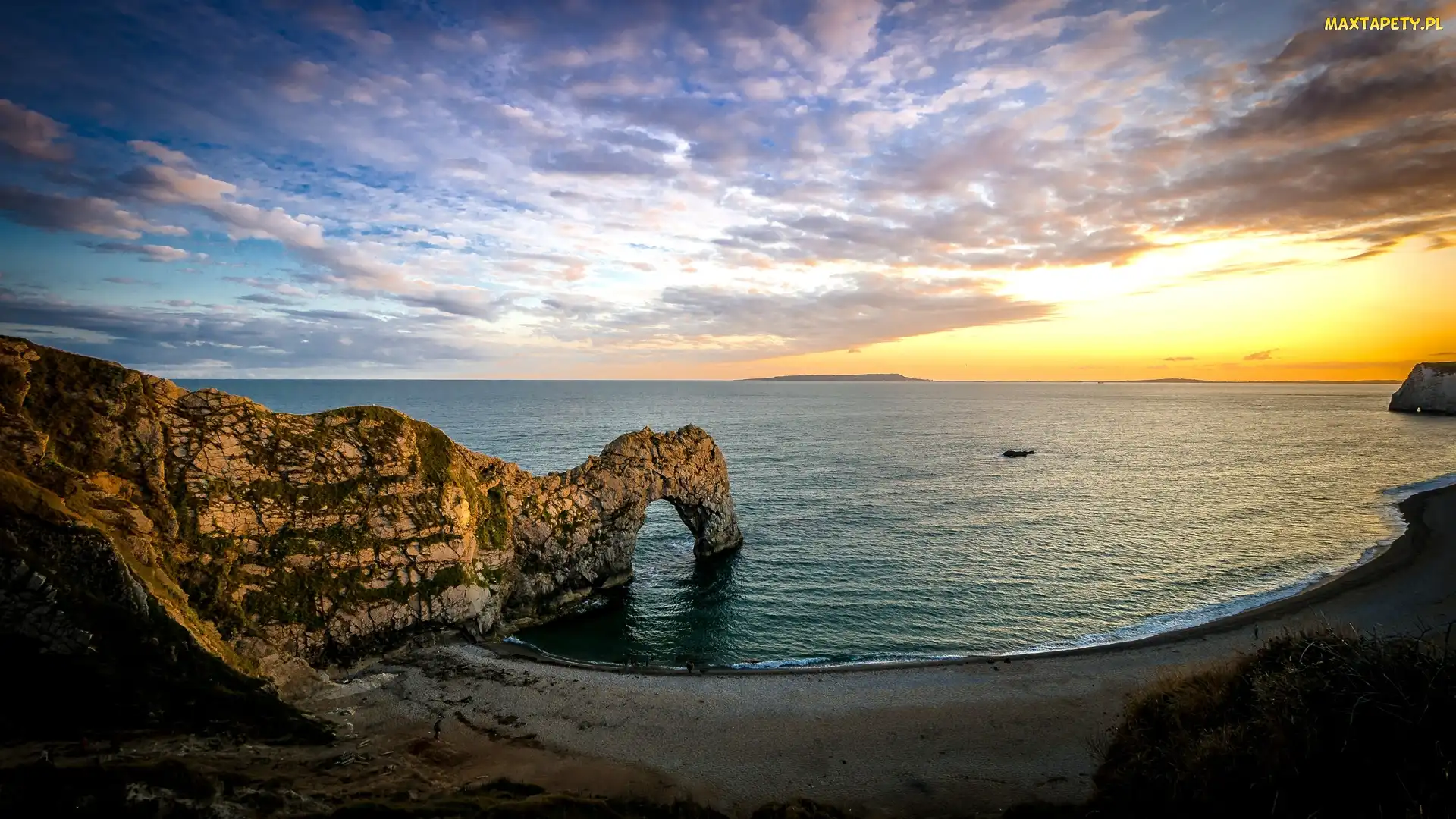 Anglia, Chmury, Morze, Skała, Wschód słońca, Kanał La Manche, Hrabstwo Dorset, Wybrzeże Jurajskie, Łuk wapienny Durdle Door