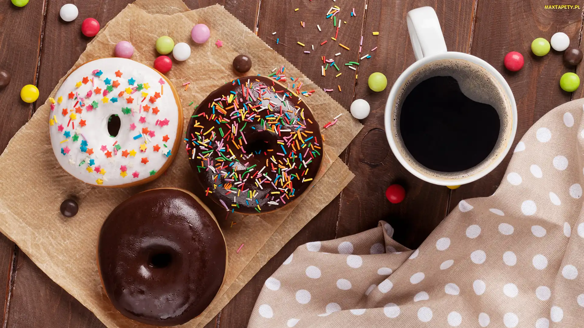 Kubek, Ścierka, Kolorowe, Deski, Cukierki, Papier, Kawa, Pączki, Donuty