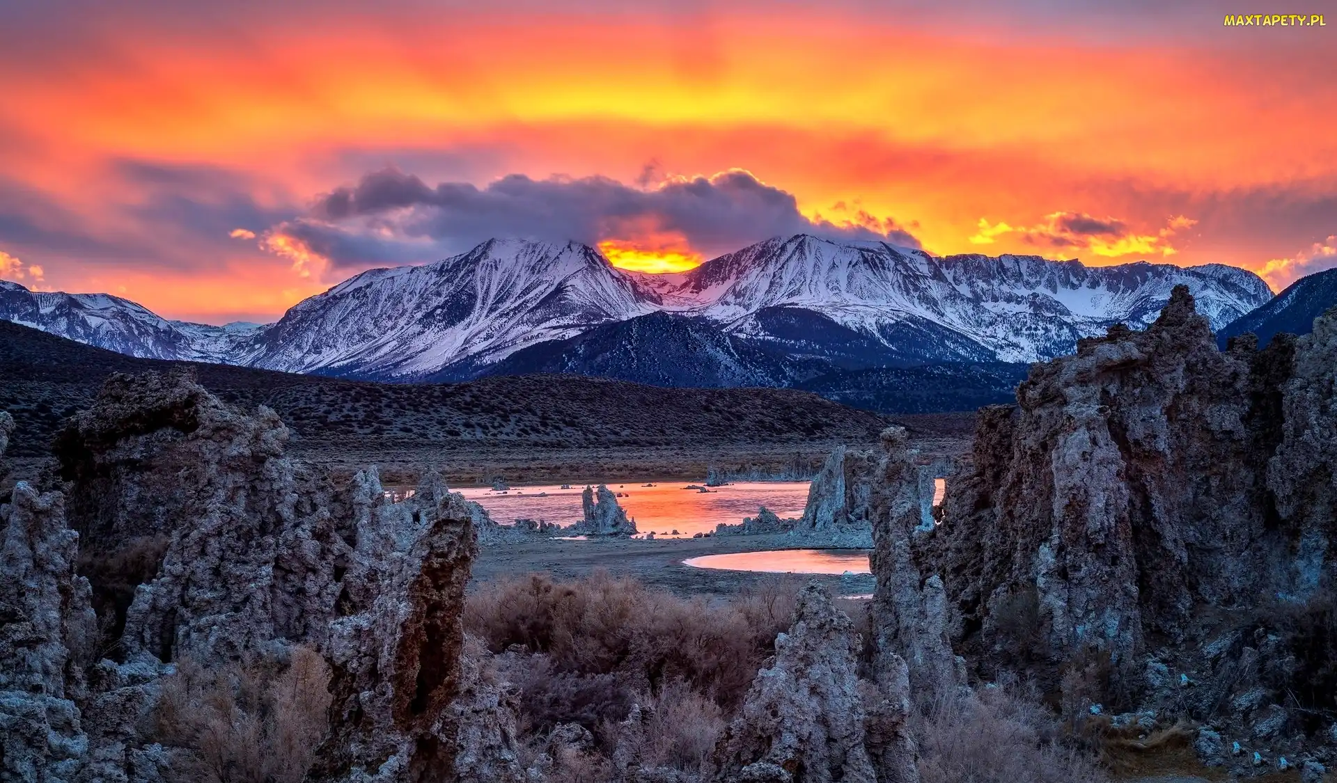 Stan Kalifornia, Zachód Słońca, Góry, Jezioro Mono Lake, Stany Zjednoczone