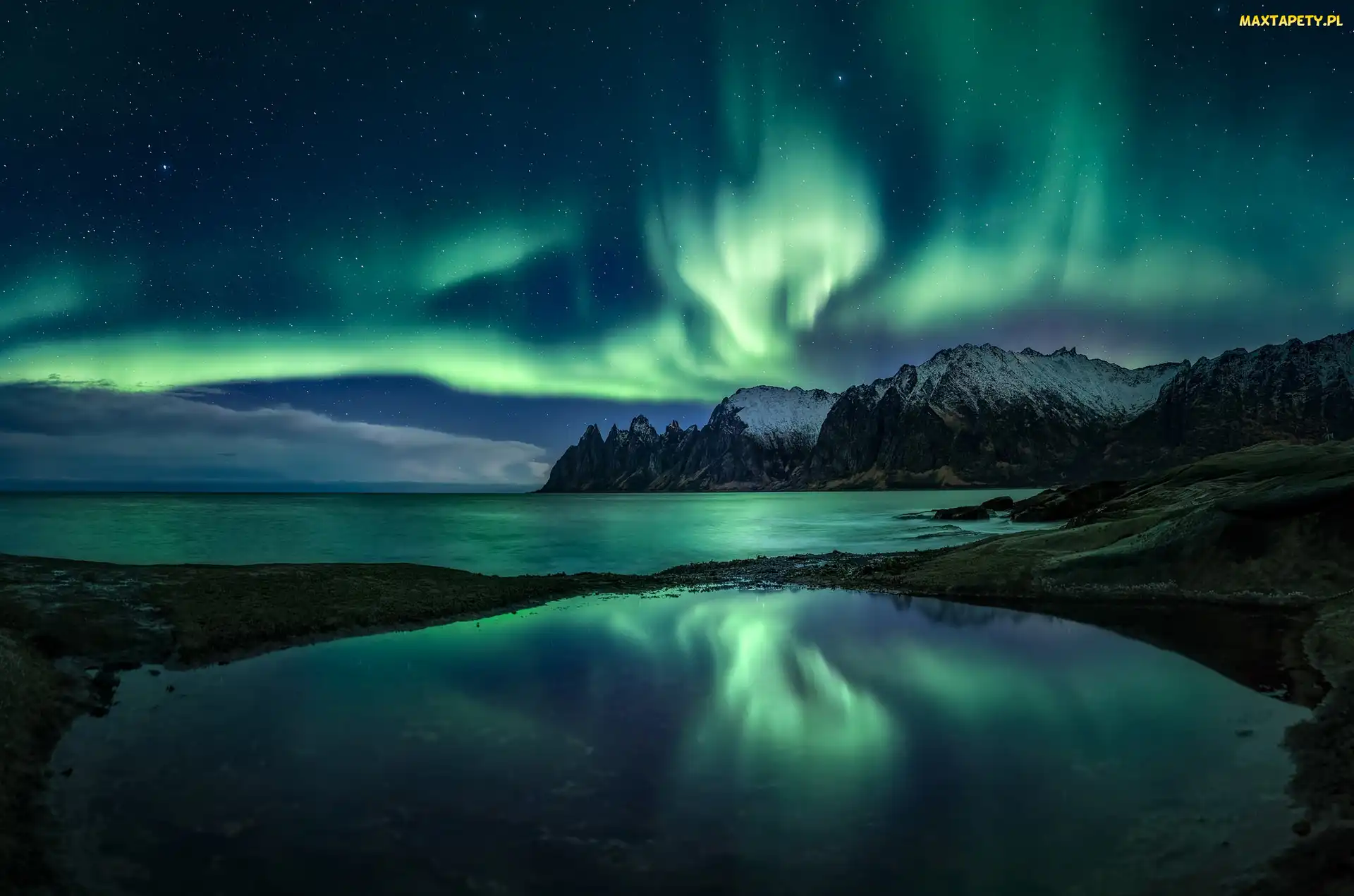 Norwegia, Góry, Morze Norweskie, Zorza polarna, Wyspa Senja