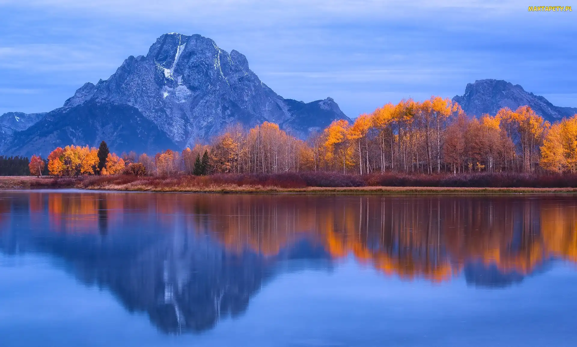 Stan Wyoming, Góry, Stany Zjednoczone, Rzeka Snake River, Drzewa, Park Narodowy Grand Teton, Jesień, Szczyt Mount Moran