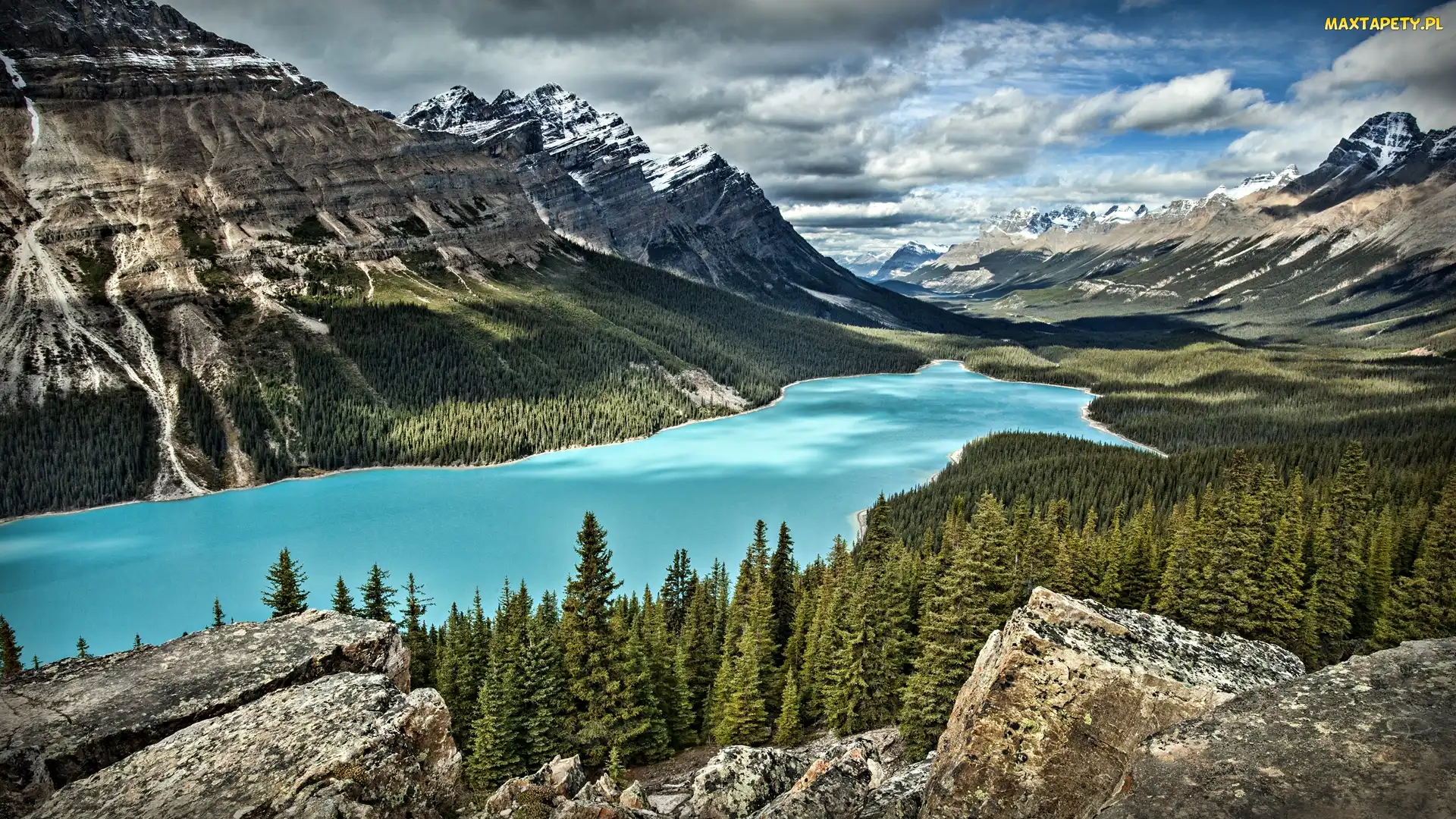 Chmury, Las, Park Narodowy Banff, Skały, Jezioro Peyto Lake, Kanada, Góry Canadian Rockies
