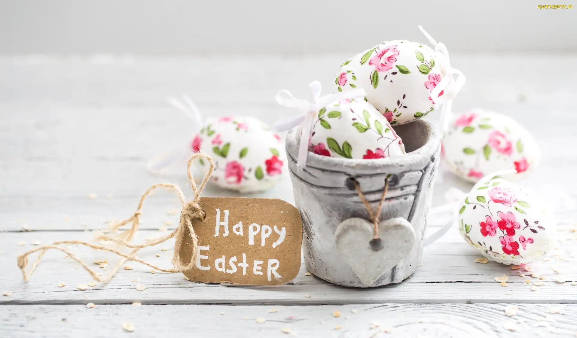 Pisanki, Sznurek, Wielkanoc, Tekturka, Happy Easter, Doniczka, Deski, Napis