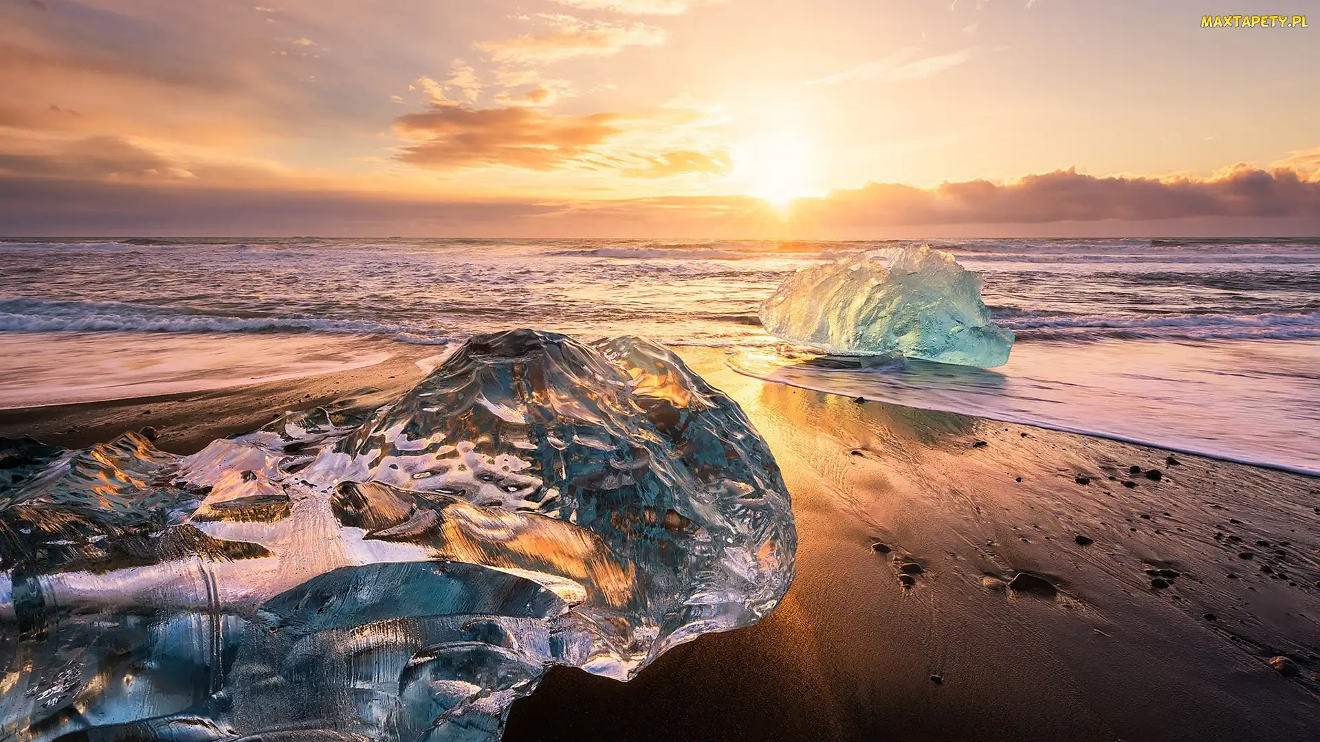 Islandia, Zachód słońca, Bryły, Lód, Jezioro Jokulsarlon