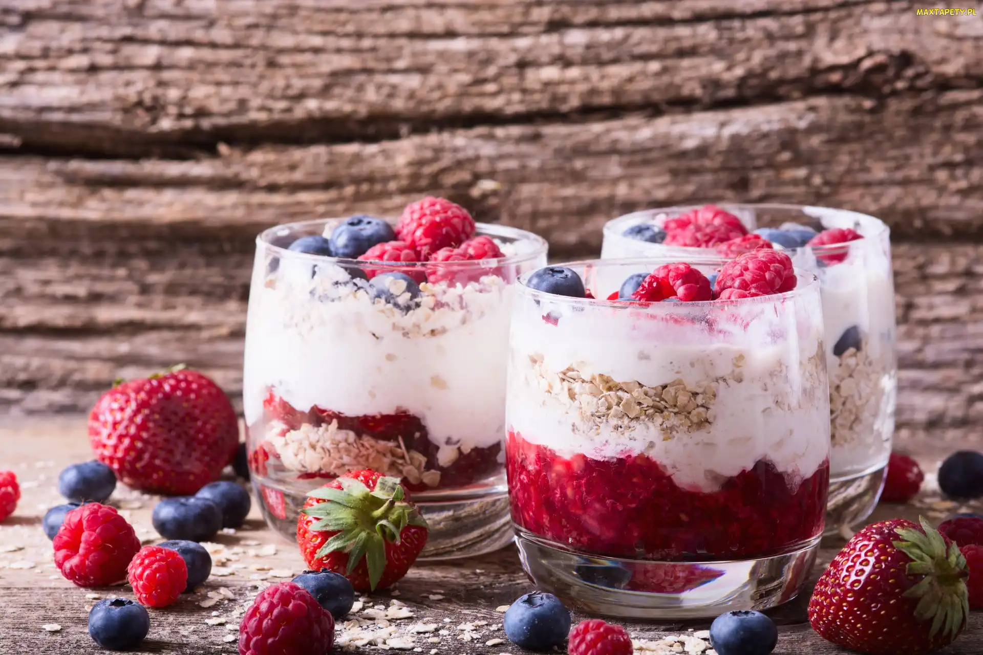 Deski, Szklanki, Jogurt, Deser, Musli, Owoce