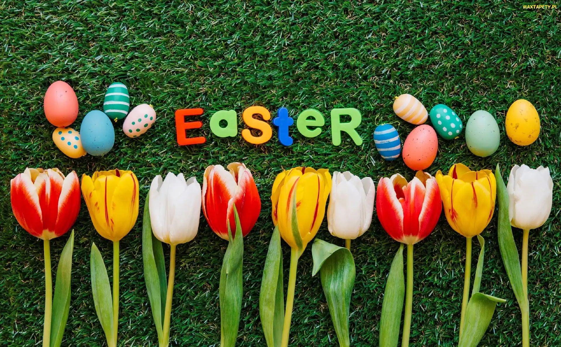 Trawa, Easter, Tulipany, Wielkanoc, Pisanki, Napis