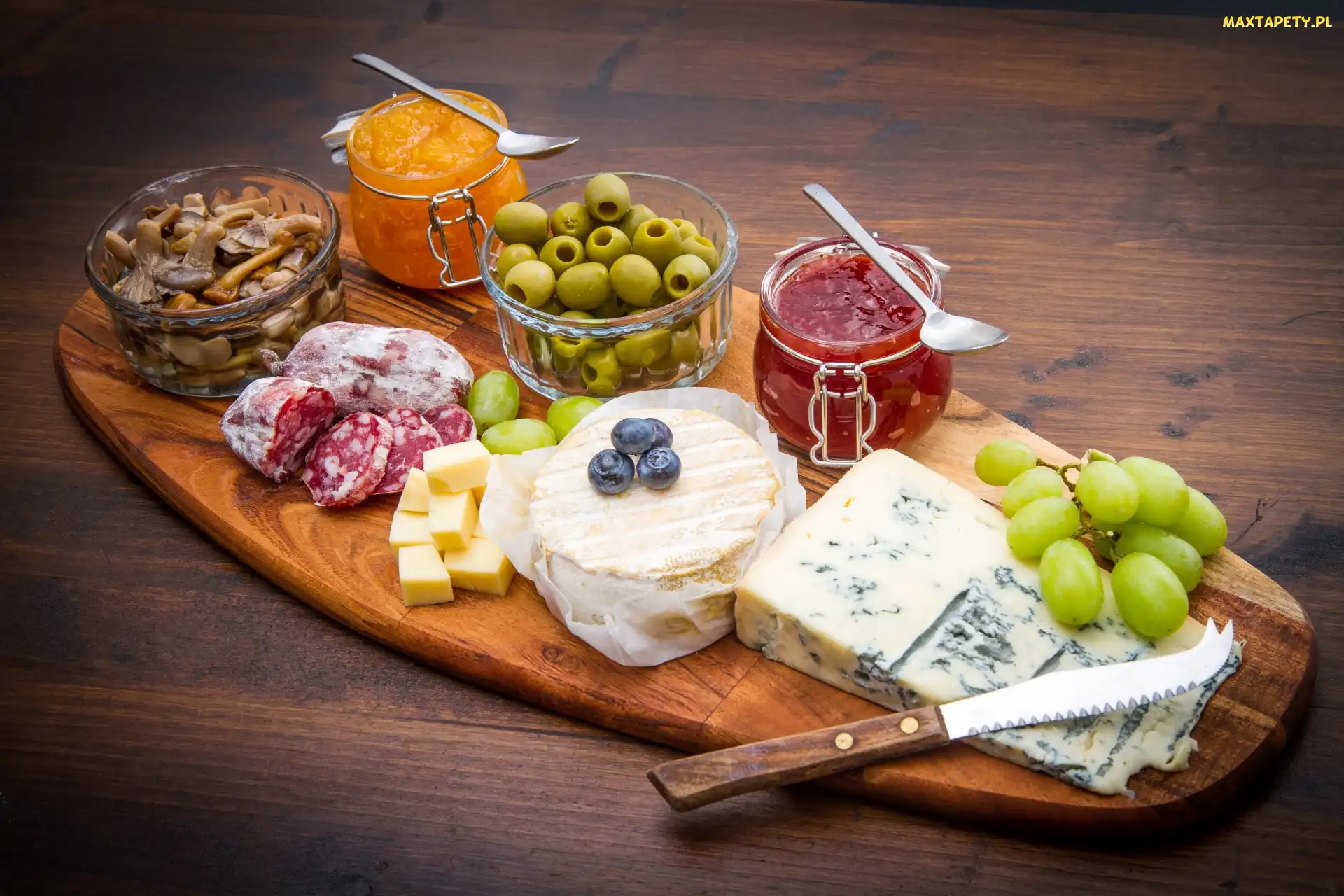 Deska, Oliwki, Grzybki, Nóż, Dżemy, Kiełbasa, Produkty, Żywnościowe, Sery
