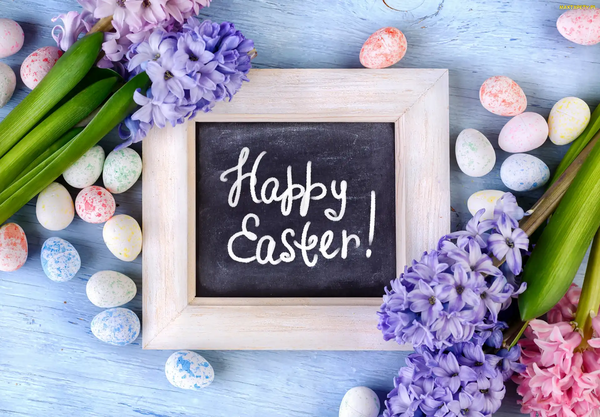 Napis, Tabliczka, Kwiaty, Happy Easter, Pisanki, Wielkanoc, Hiacynty