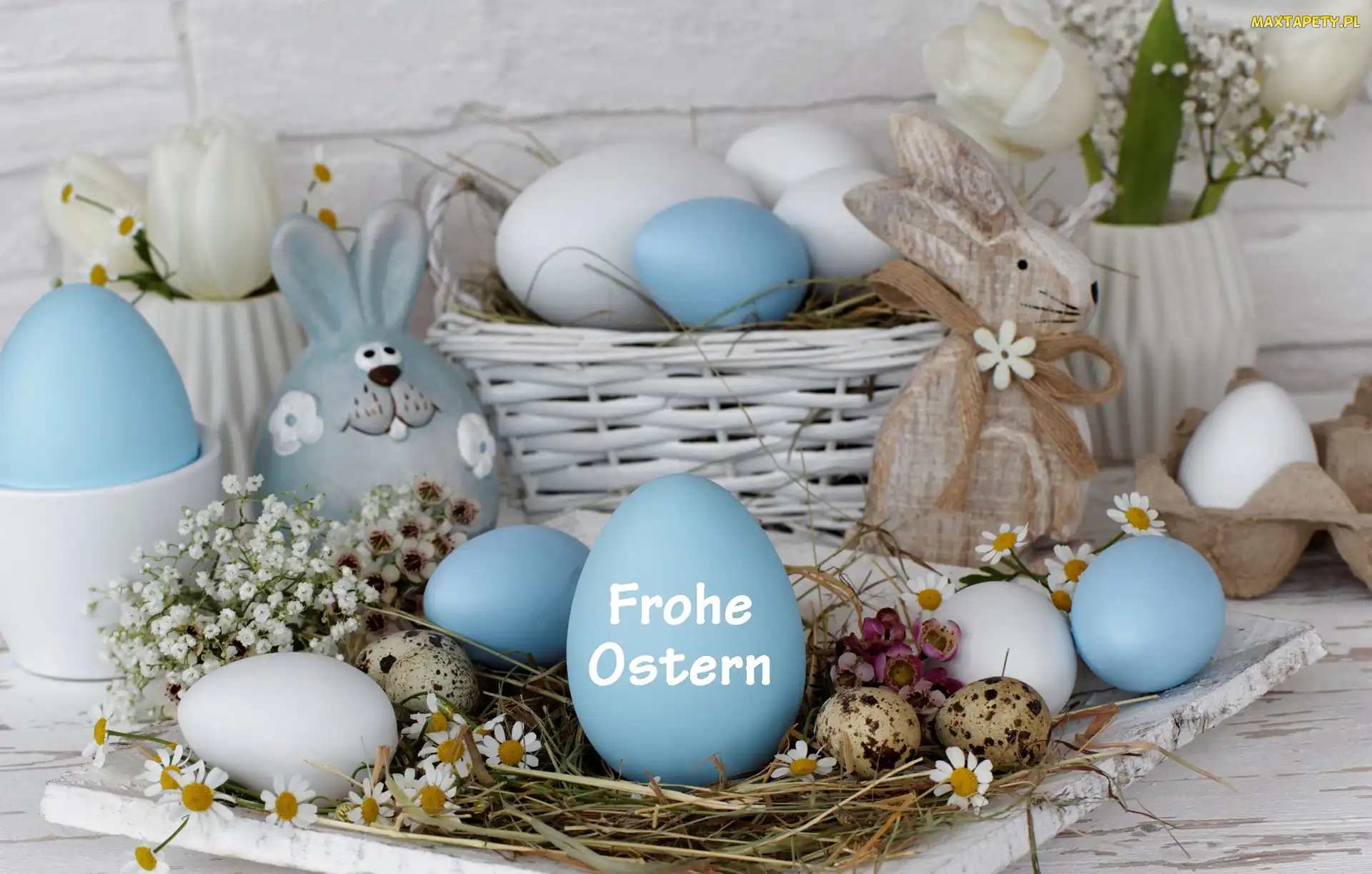 Wielkanoc, Wazoniki, Tulipany, Zajączki, Gipsówka, Kwiaty, Kompozycja, Niebieskie, Pisanki