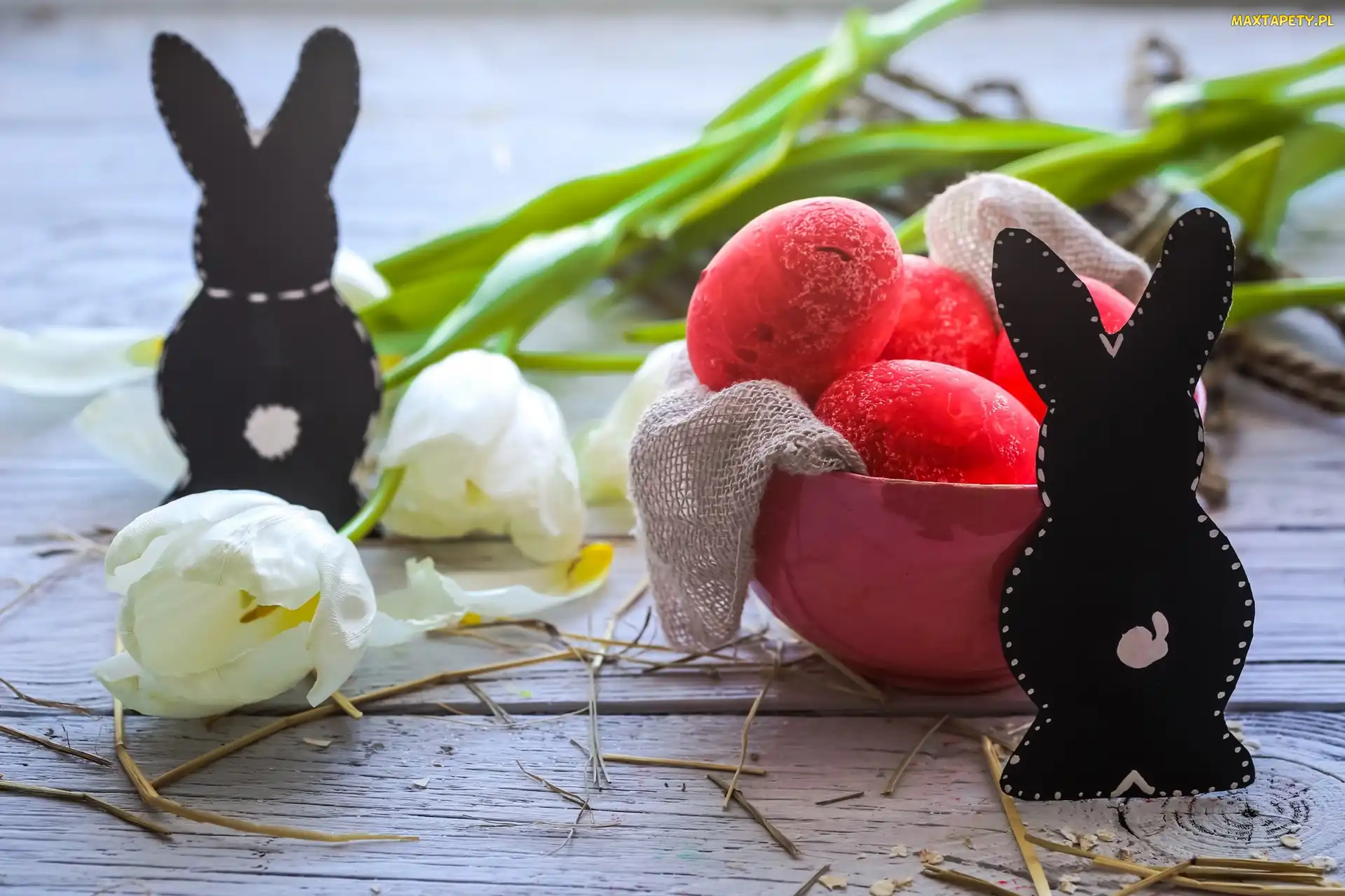 Pisanki, Wielkanoc, Tulipany, Miseczka, Zajączki