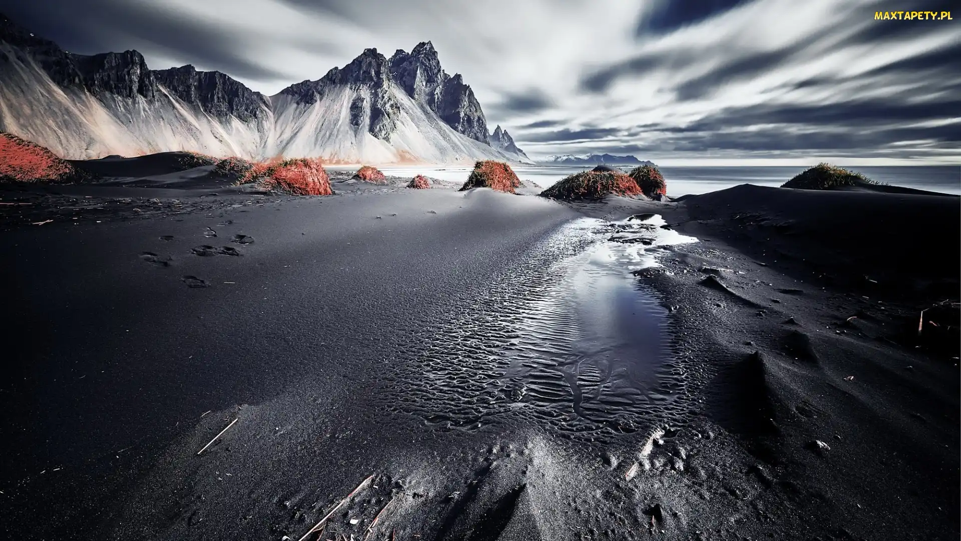 Islandia, Piasek, Góry, Góra Vestrahorn, Plaża Stokksnes, Ciemny