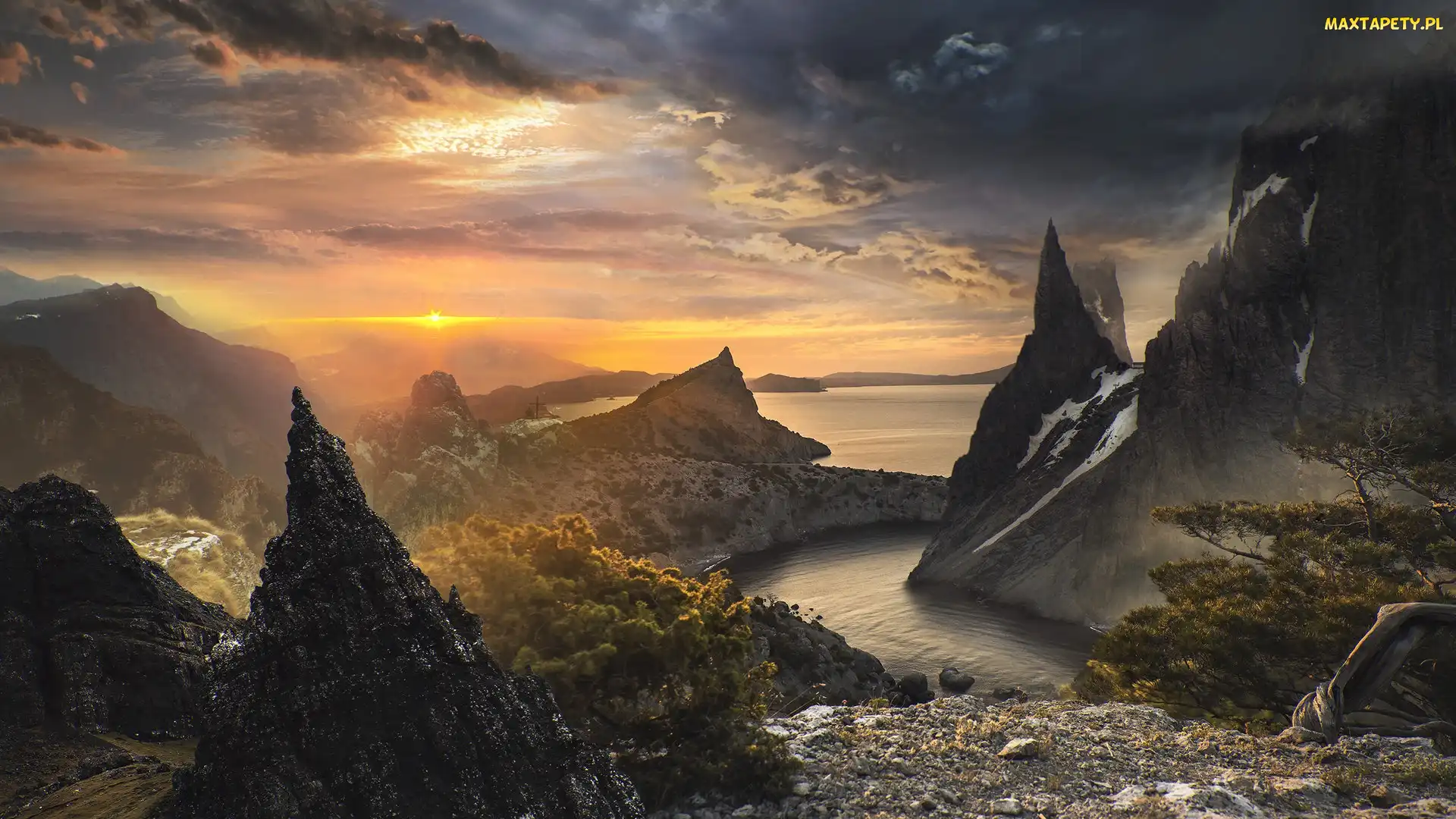 Digital Art, Zachód słońca, Góry, Morze