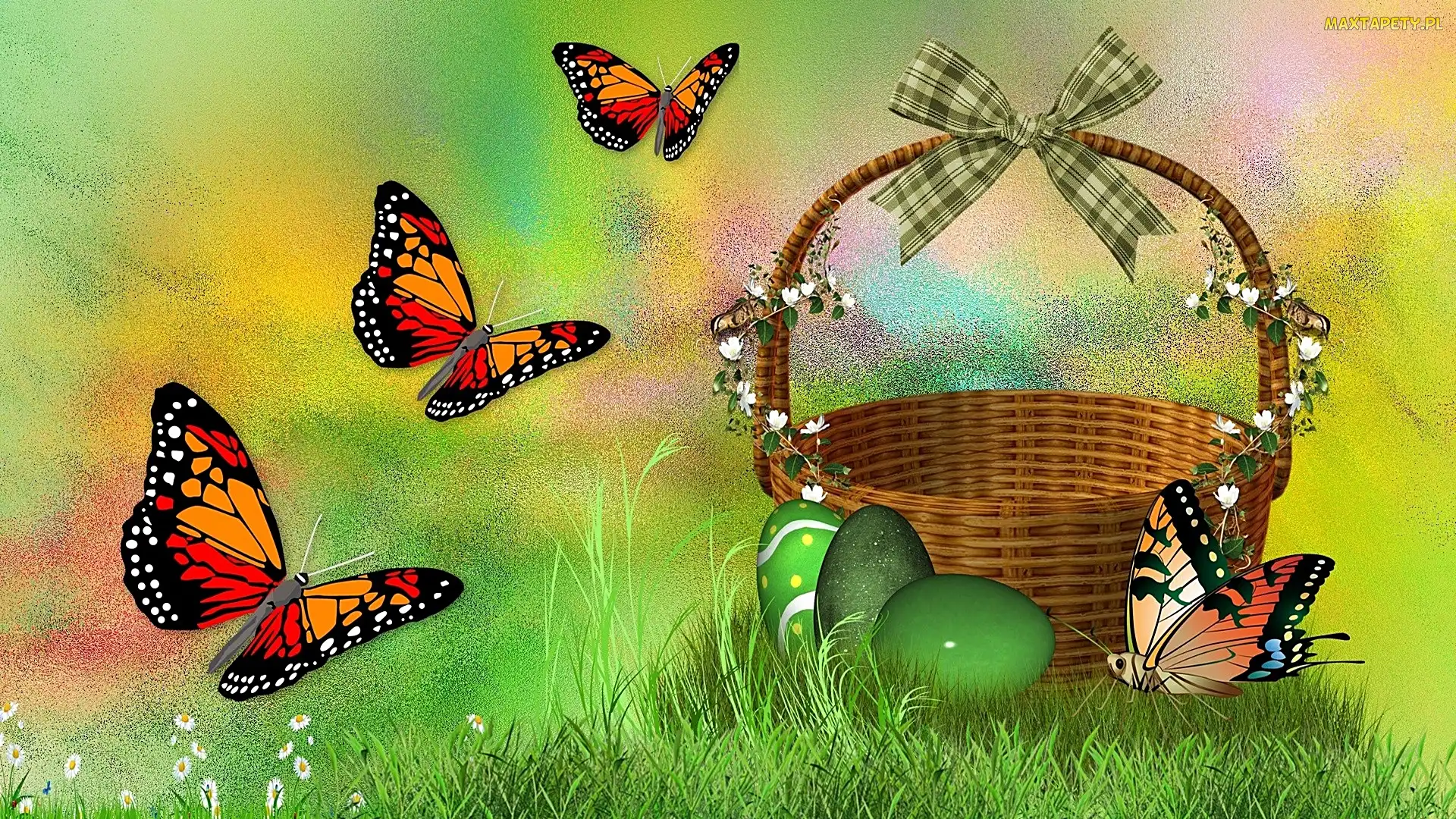 Grafika, Wielkanoc, Trawa, Jajka, Motyle, Koszyczek