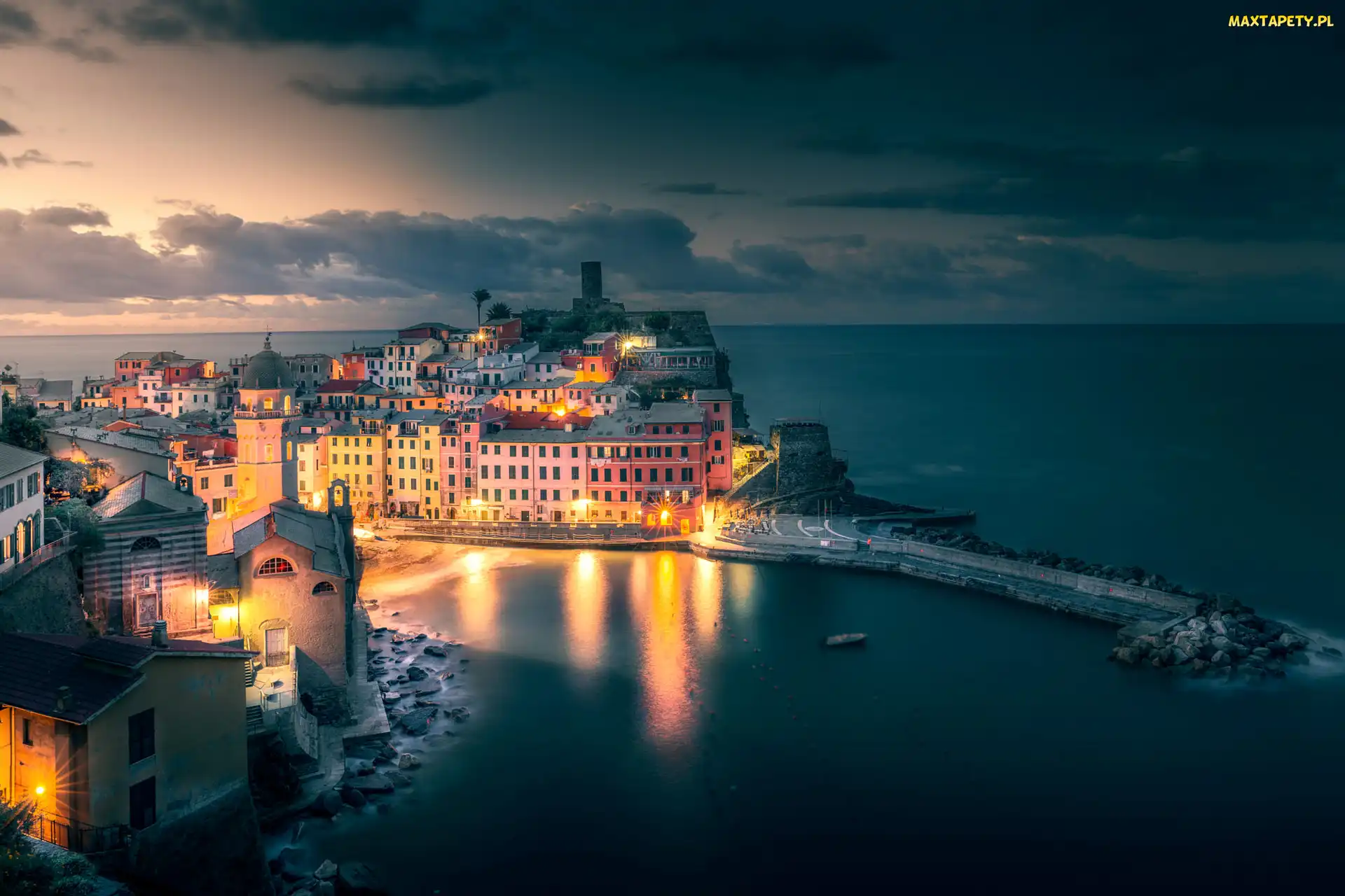 Morze, Światła, Cinque Terre, Vernazza, Włochy, Domy