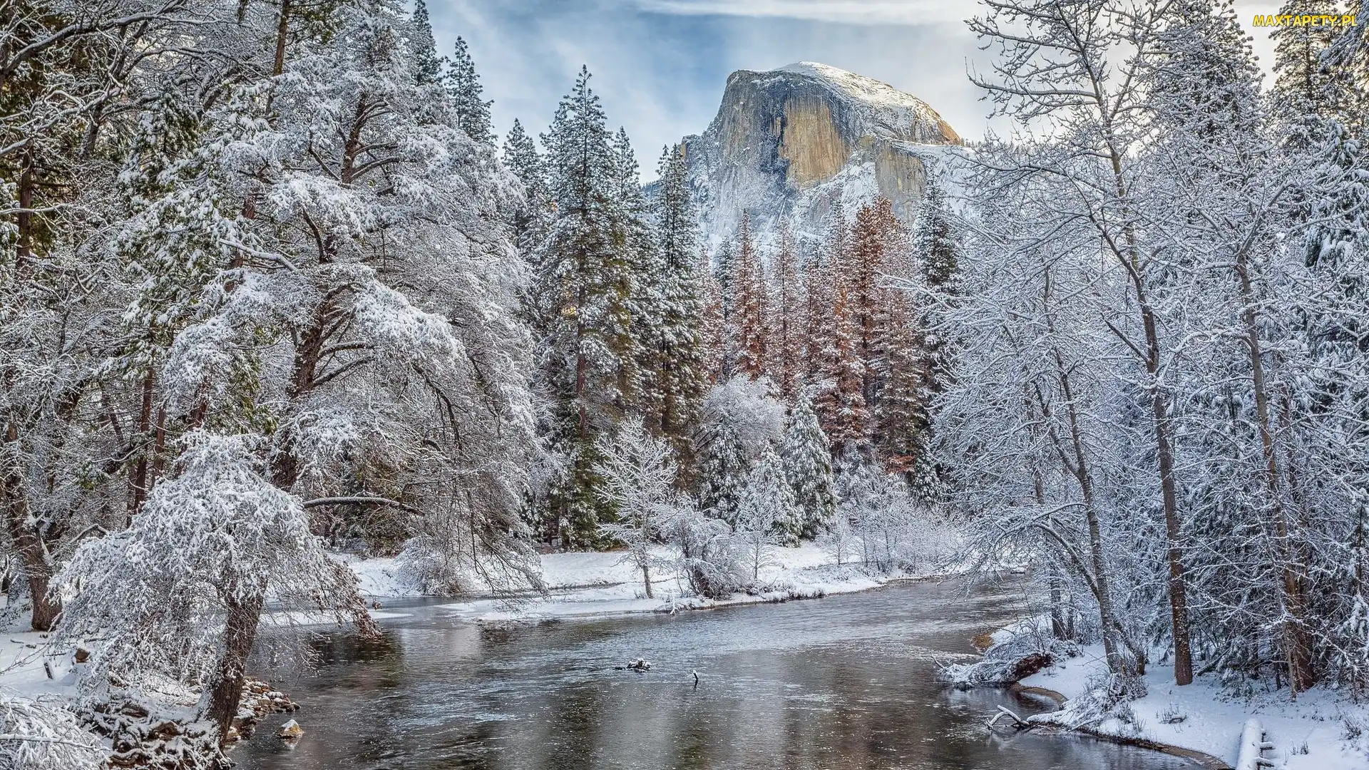 Stan Kalifornia, Rzeka Merced River, Stany Zjednoczone, Zima, Drzewa, Park Narodowy Yosemite, Las, Góry