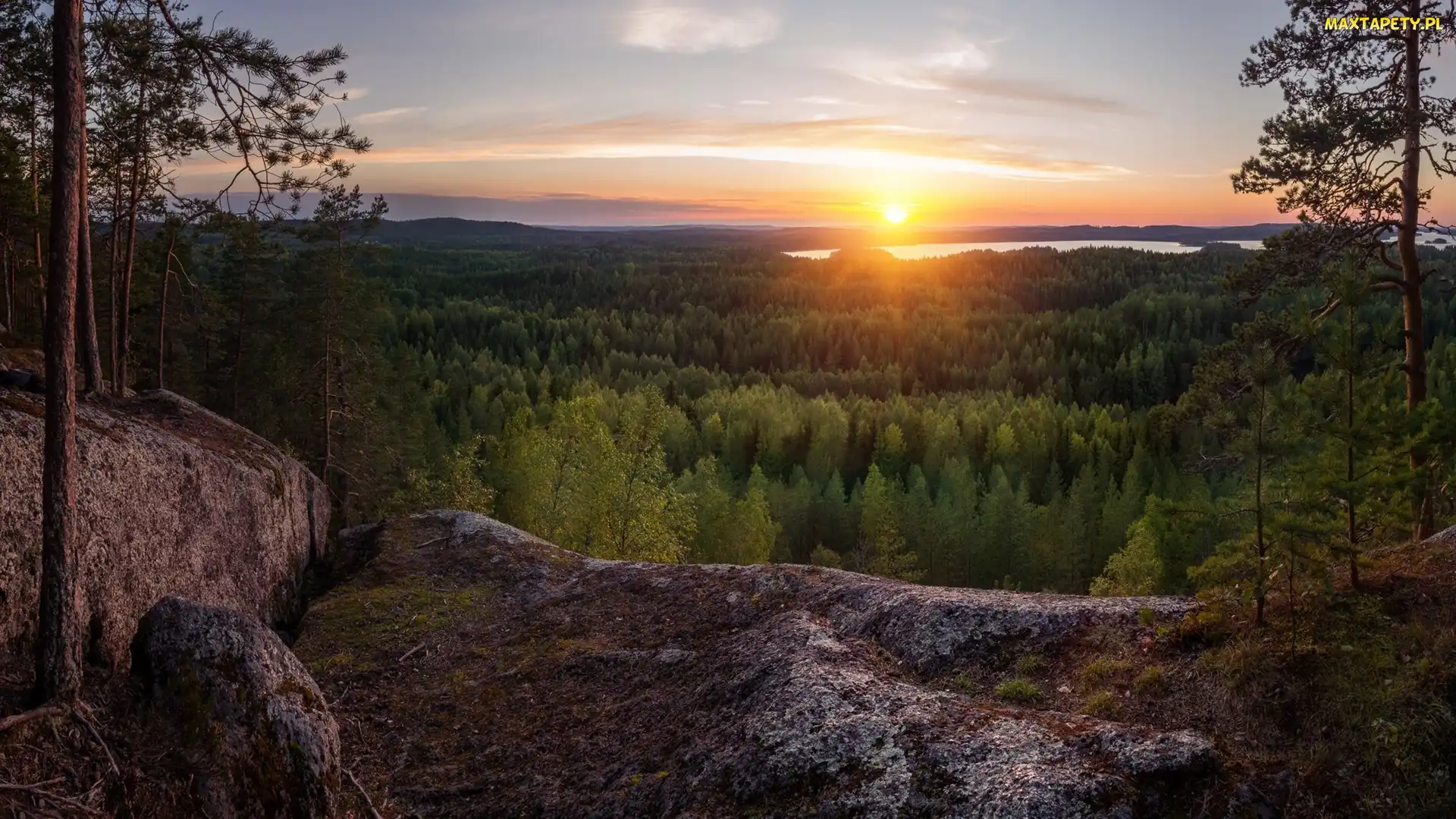 Skały, Jezioro, Gmina Laukaa, Zachód słońca, Las, Finlandia, Hyyppaanvuori
