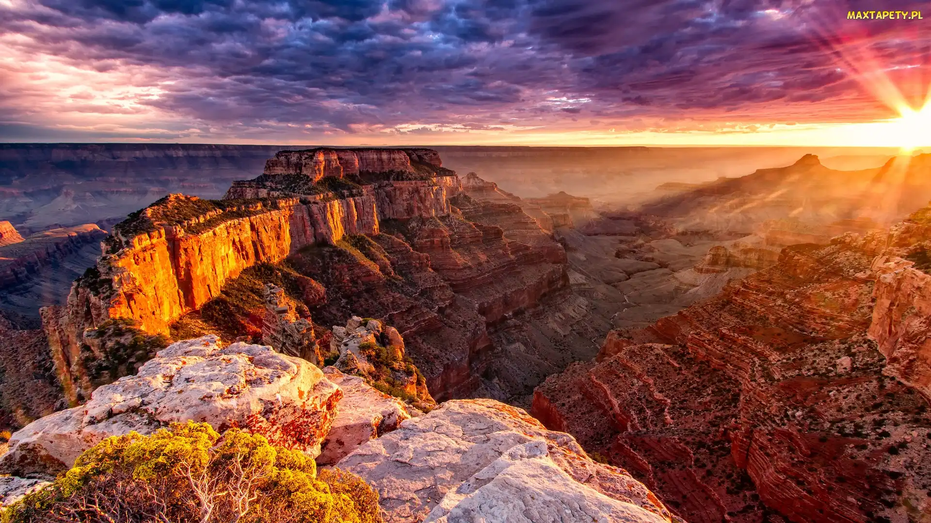 Stany Zjednoczone, Arizona, Park Narodowy Wielkiego Kanionu, Chmury, Wschód słońca, Wielki Kanion Kolorado