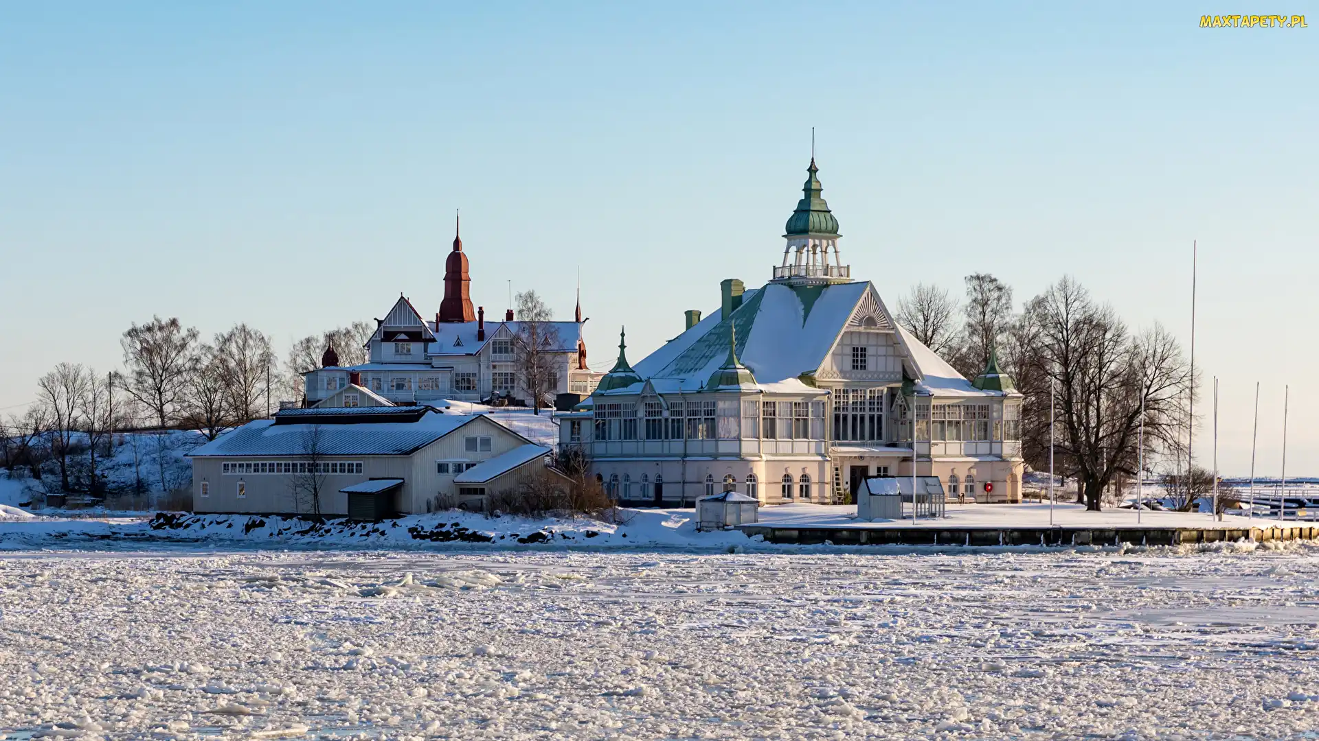 Śnieg, Zima, Helsinki, Drzewa, Restauracja, Wyspa Valkosaari, Finlandia