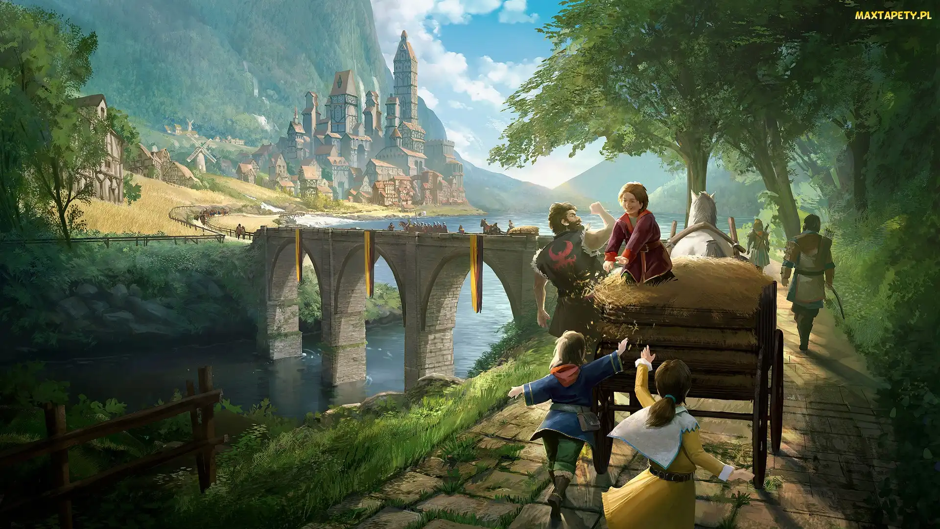 Fantasy, Dzieci, Rzeka, Zamek, Most, Wóz