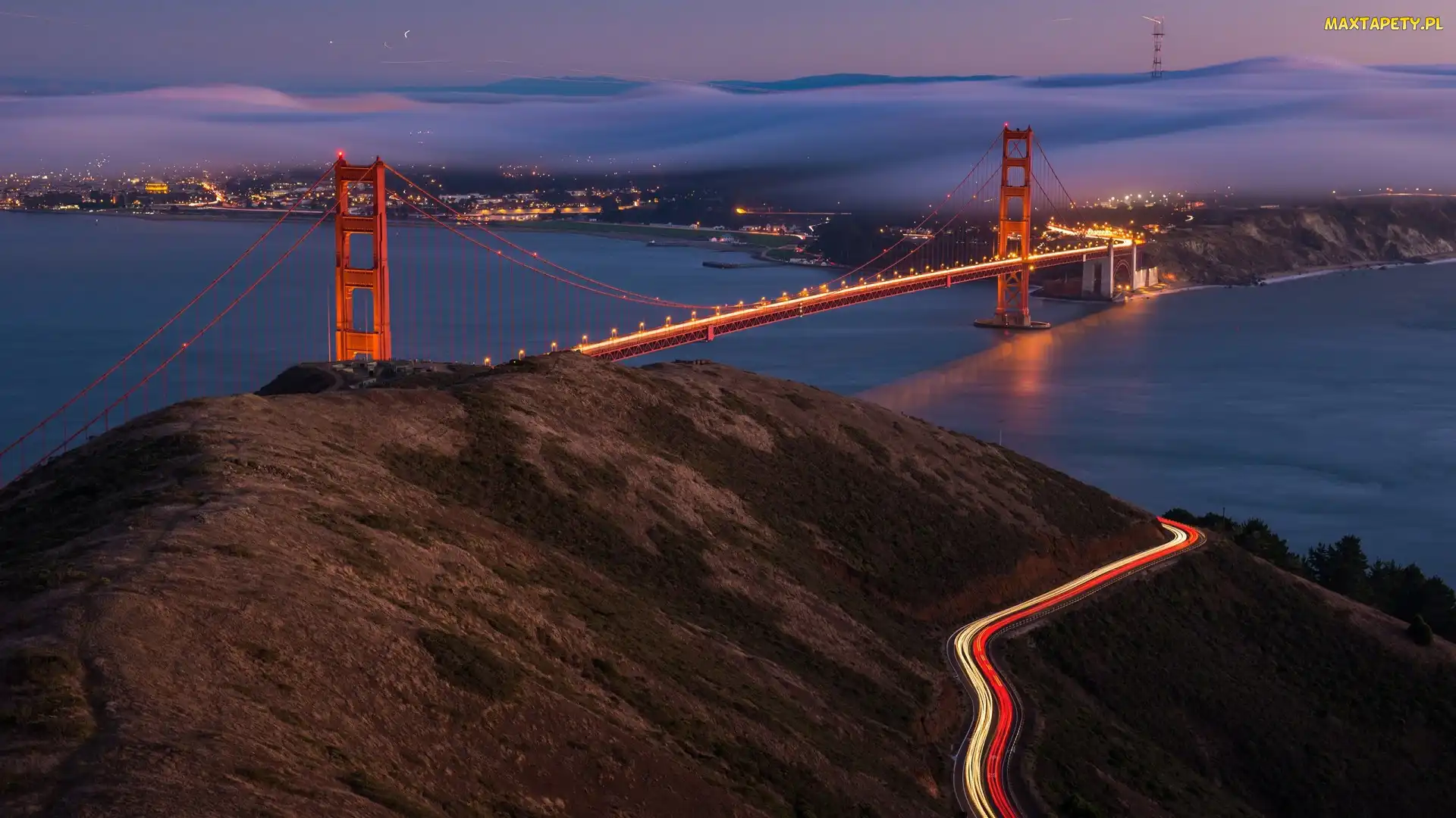 Stan Kalifornia, Miasto, Cieśnina Golden Gate, Most Golden Gate Bridge, Chmury, Światła, San Francisco, Noc, Stany Zjednoczone