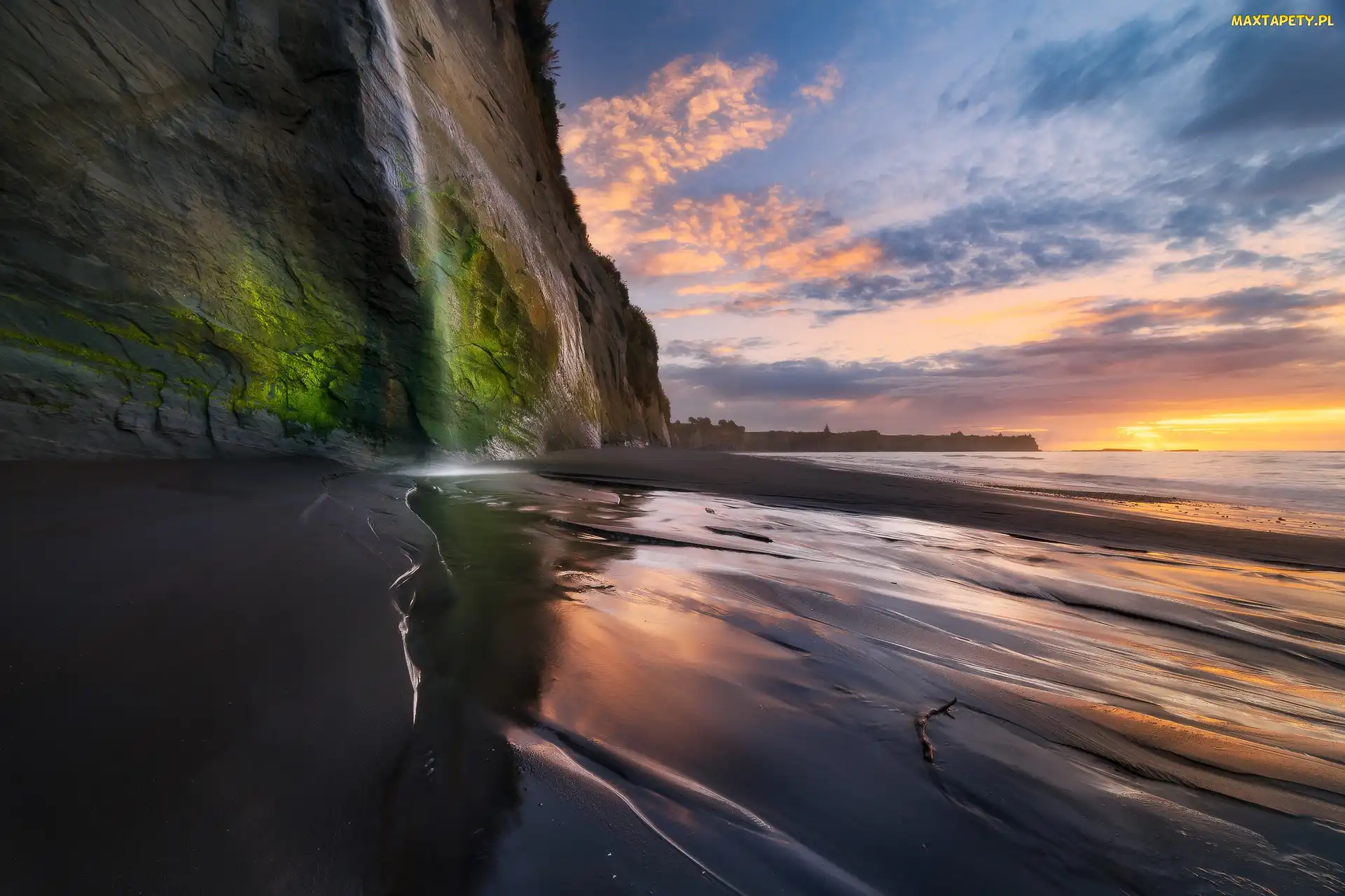 Nowa Zelandia, Region Taranaki, Klif, Zachód słońca, Morze, White Cliffs Walkway