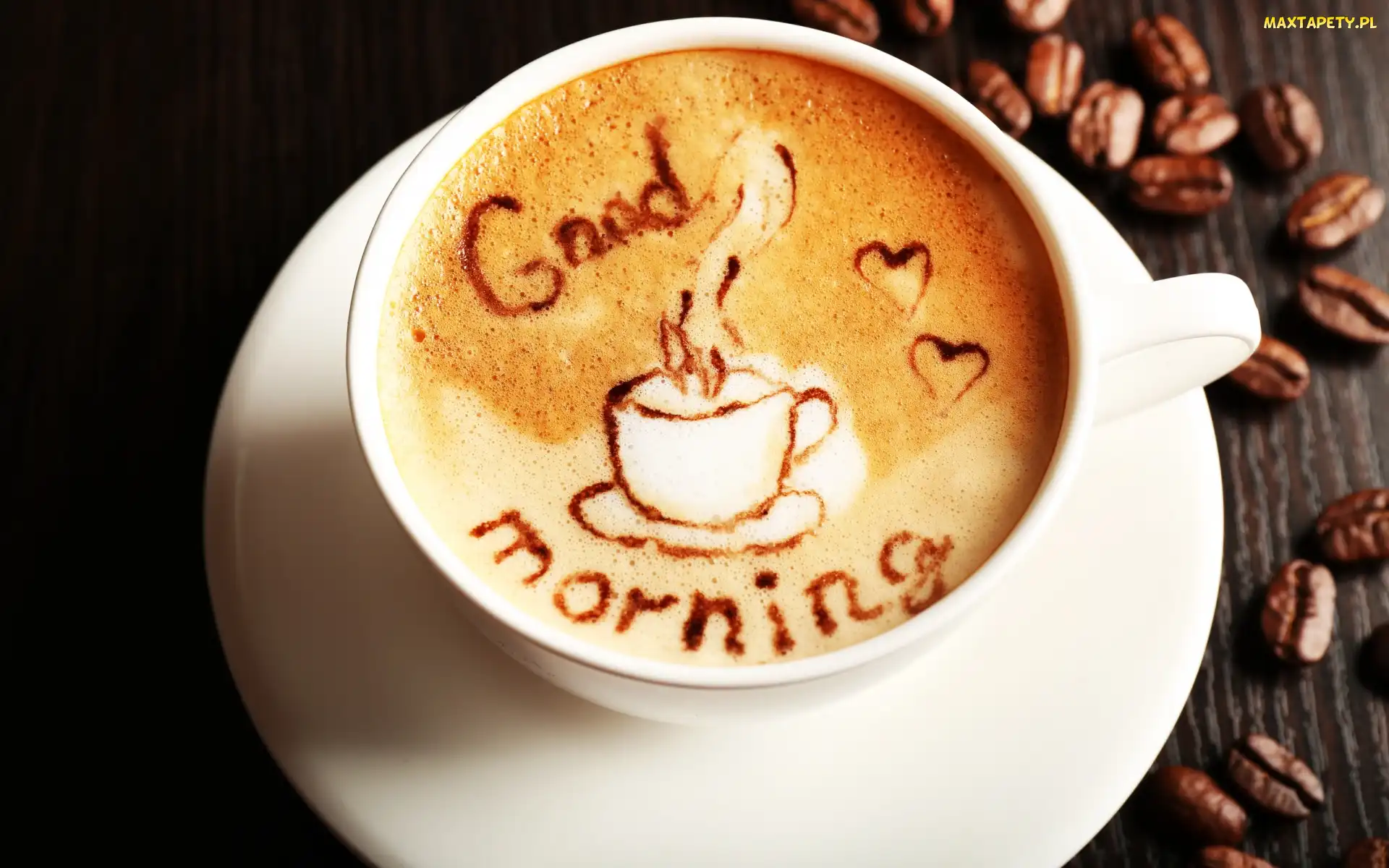 Good Morning, Pianka, Kawa, Deski, Talerzyk, Filiżanka, Ziarenka, Napis