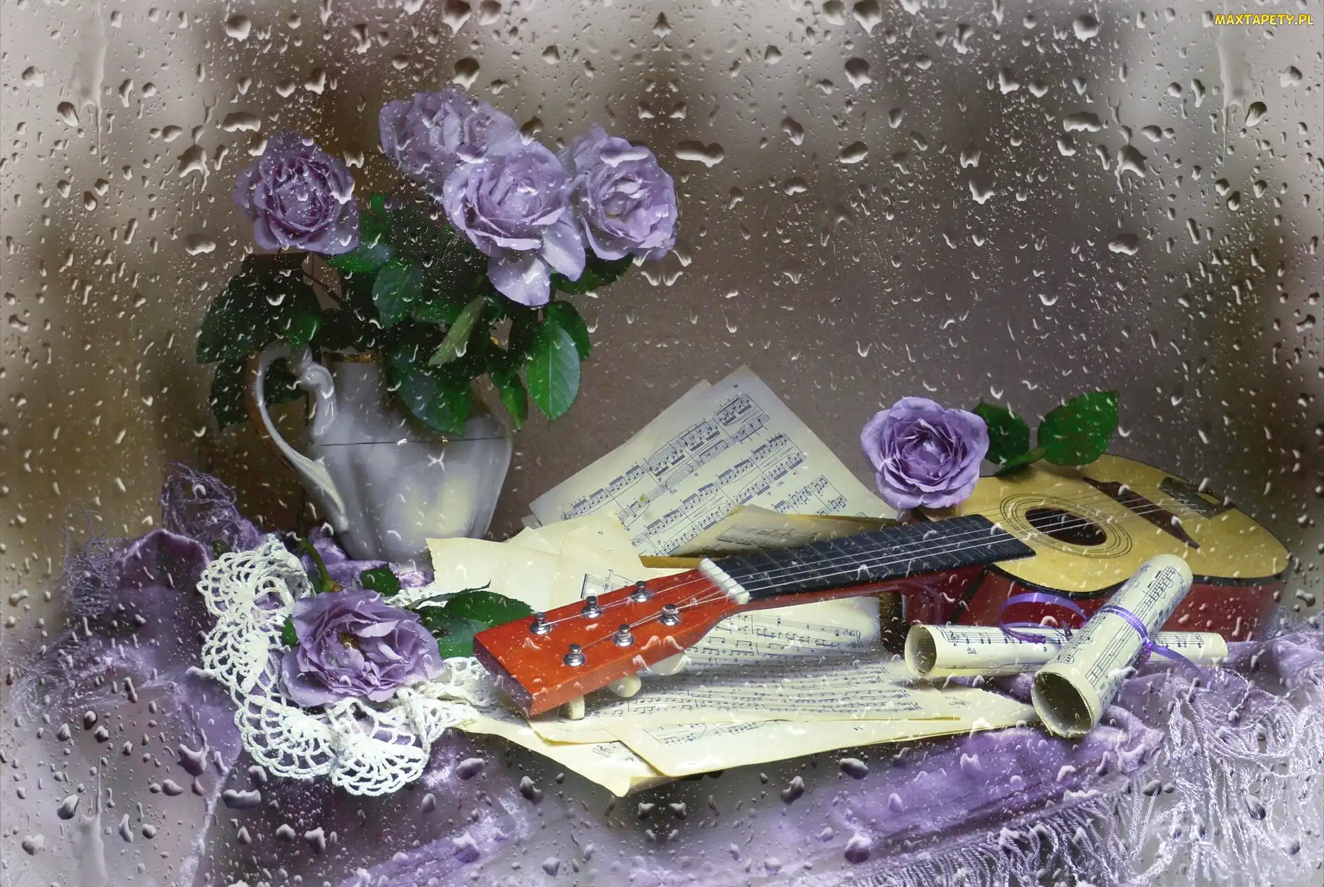 Wazon, Kompozycja, Krople, Róże, Gitara, Nuty, Bukiet
