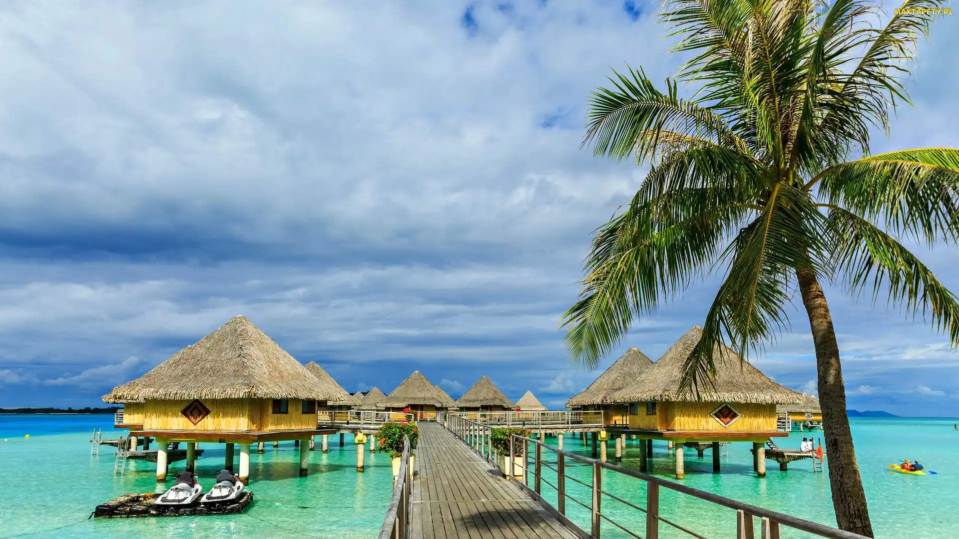 Polinezja Francuska, Tropiki, Łódki, Wakacje, Palma, Most, Bora Bora, Ocean, Domy